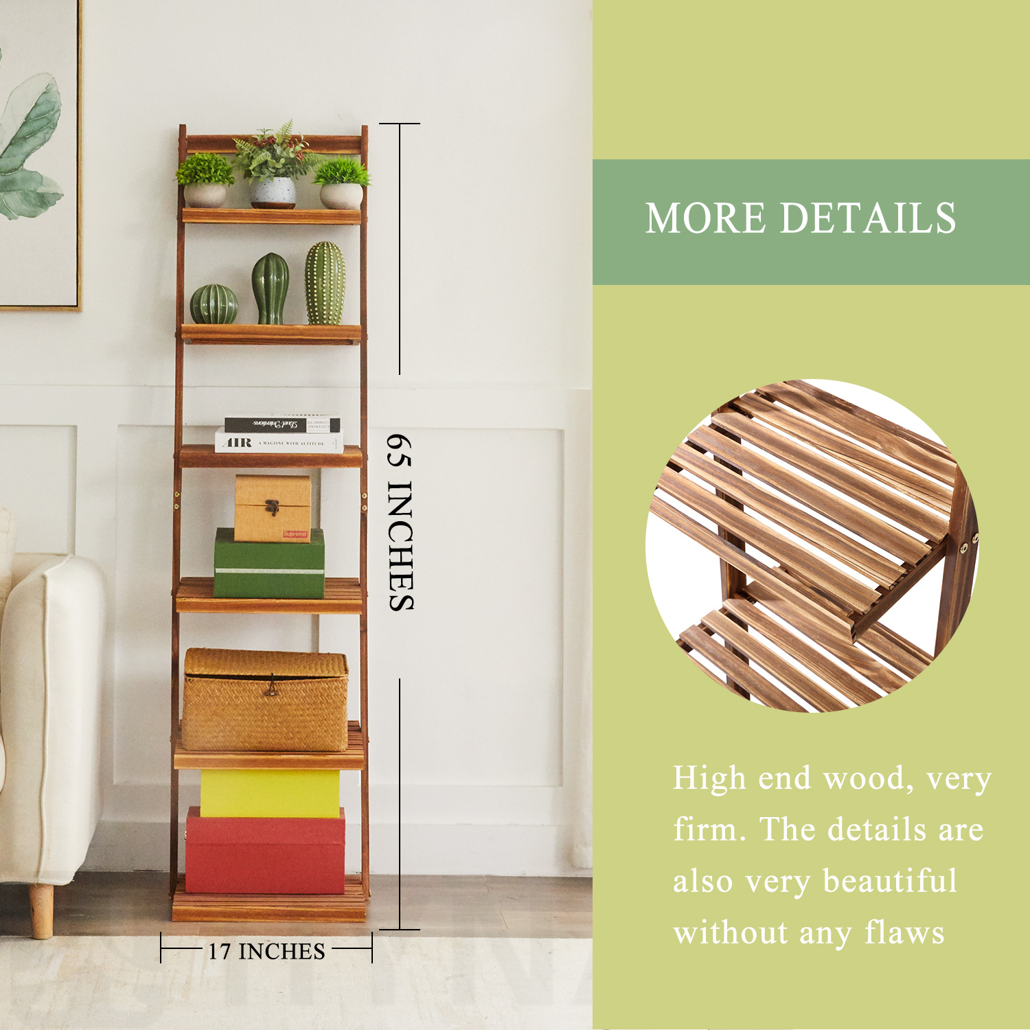 HYNAWIN Ladder Shelf Bookcase,5-Tier Bamboo Storage Rack Shelves Wall Leaning Shelf Unit,FreeStanding Plant Stand, Corner Display Shelves for Living Room, Bathroom, Kitchen, Office(65in)