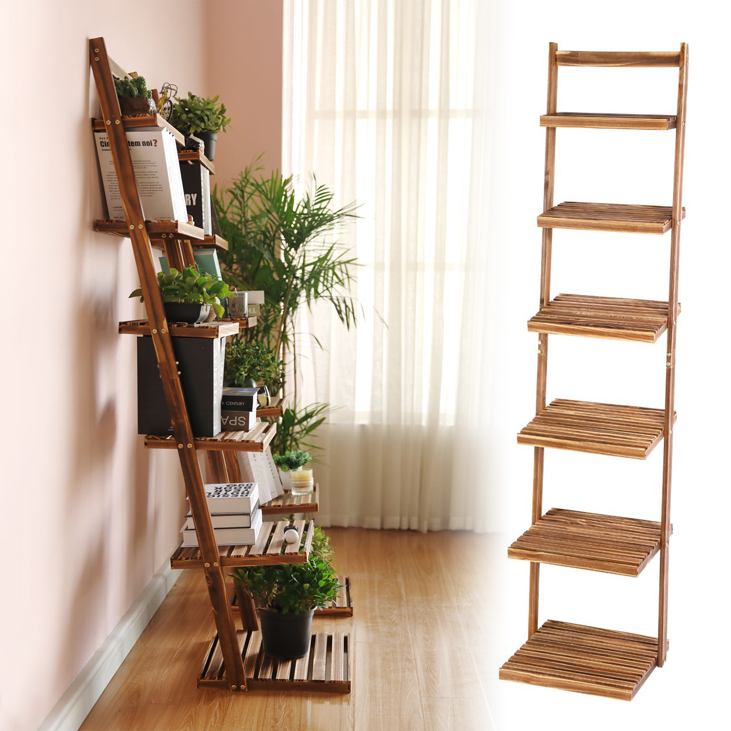 HYNAWIN Ladder Shelf Bookcase,5-Tier Bamboo Storage Rack Shelves Wall Leaning Shelf Unit,FreeStanding Plant Stand, Corner Display Shelves for Living Room, Bathroom, Kitchen, Office(65in)