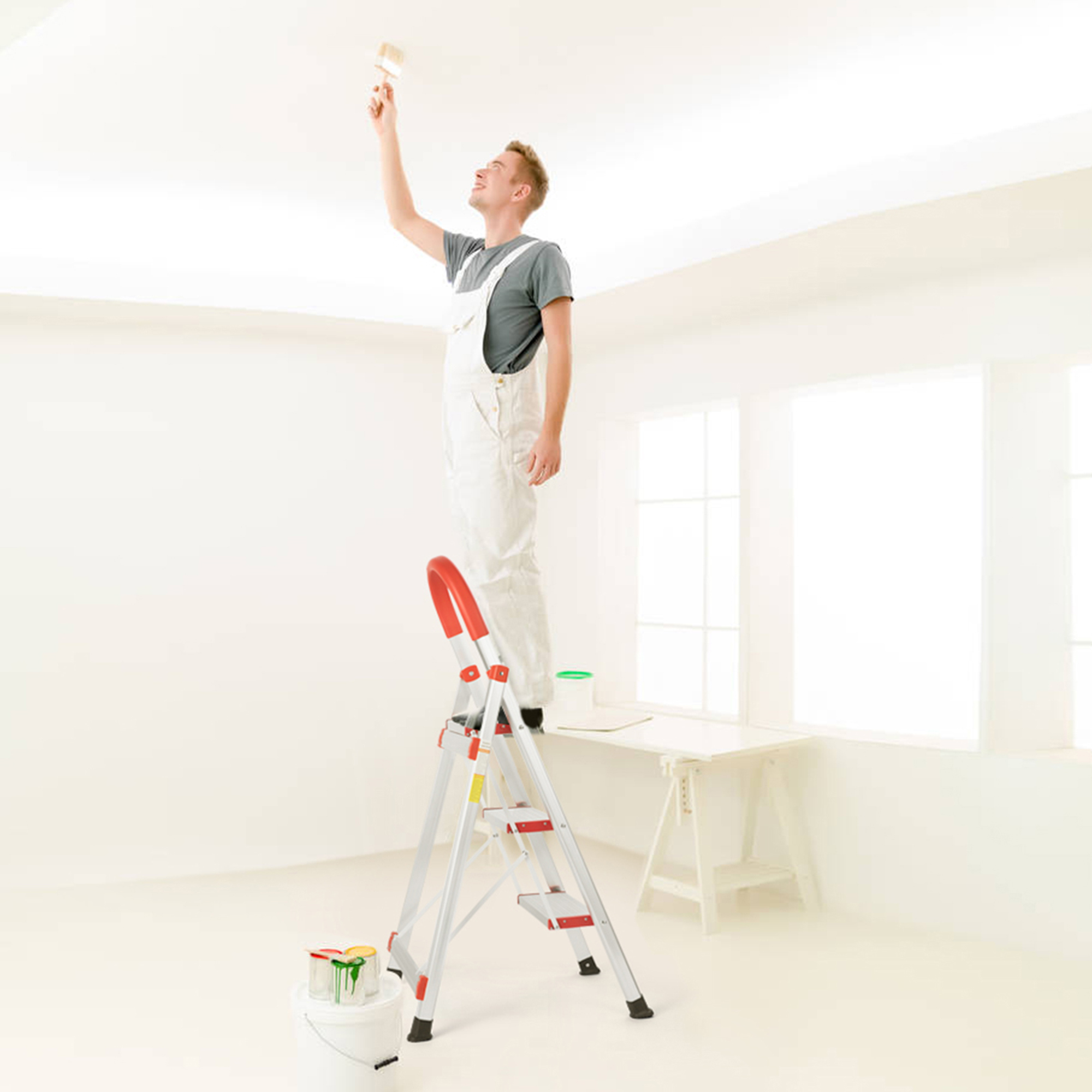 3 Step Ladder, Folding Step Stool with Anti-Slip Pedal and Tool Tray, Lightweight Aluminum Home Ladder for Home Kitchen Office