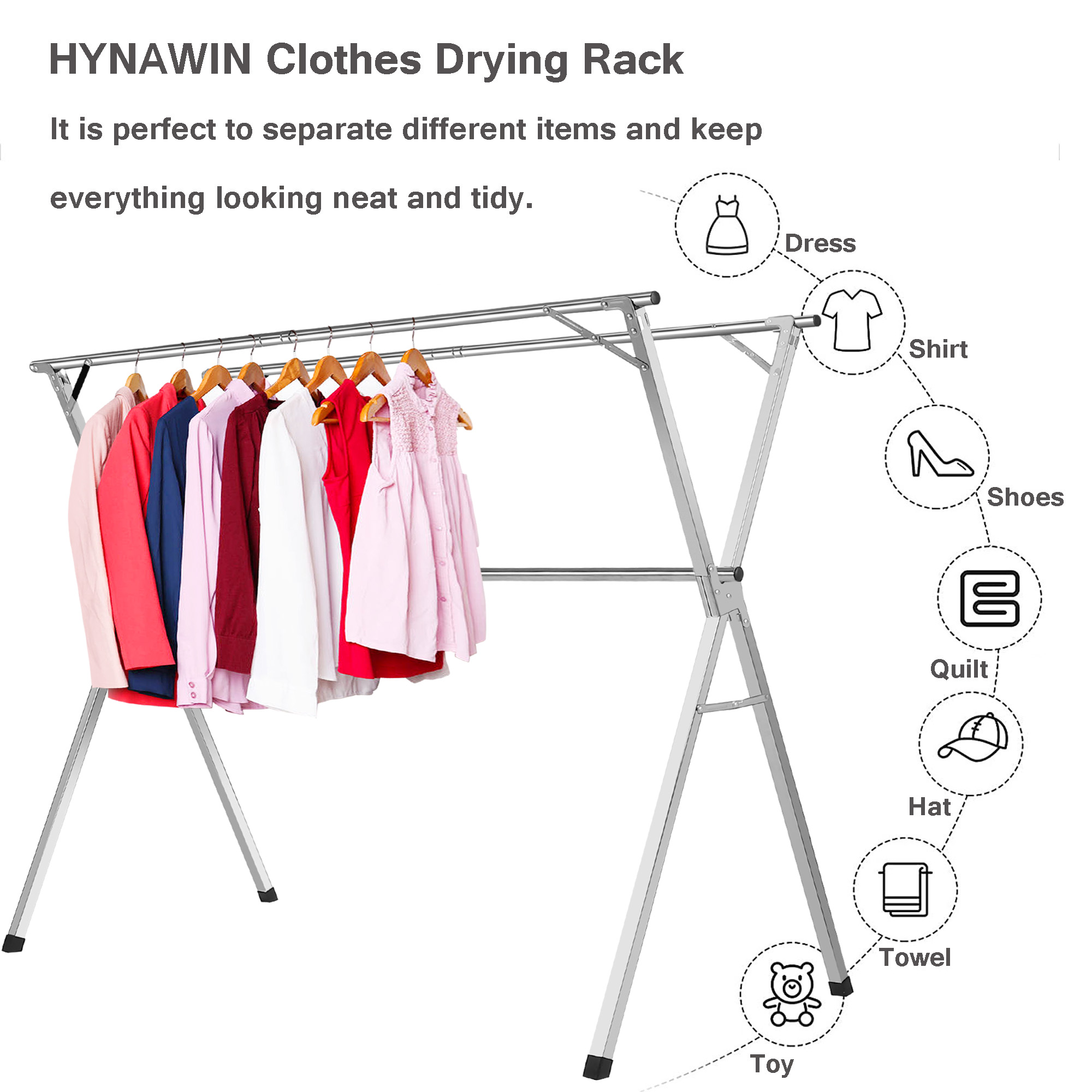 Clothes Drying Racks, Upgraded Stainless Steel Laundry Drying Rack, Heavy Duty Collapsible Garment Rack, Clothes Storage Rack for Indoor Outdoor, 1.5M/59 in
