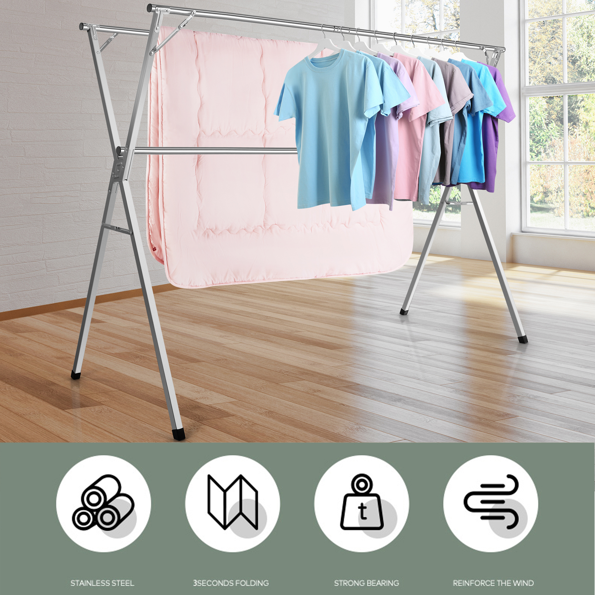 Clothes Drying Racks, Upgraded Stainless Steel Laundry Drying Rack, Heavy Duty Collapsible Garment Rack, Clothes Storage Rack for Indoor Outdoor, 2M/79 in