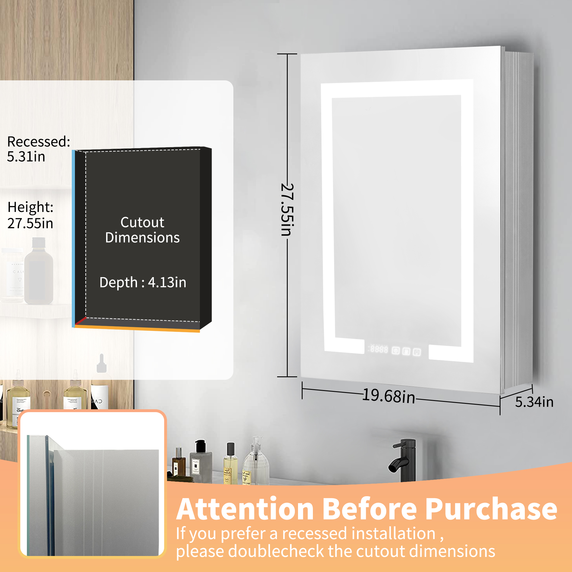 HYNAWIN 27.56"x 19.69" LED Bathroom Mirror, Anti-Fog Vanity Mirror, Wall-Mounted Vanity Mirror with Sensor Light and Storage, Lighted Medicine Cabinet with Mirror, Defogger