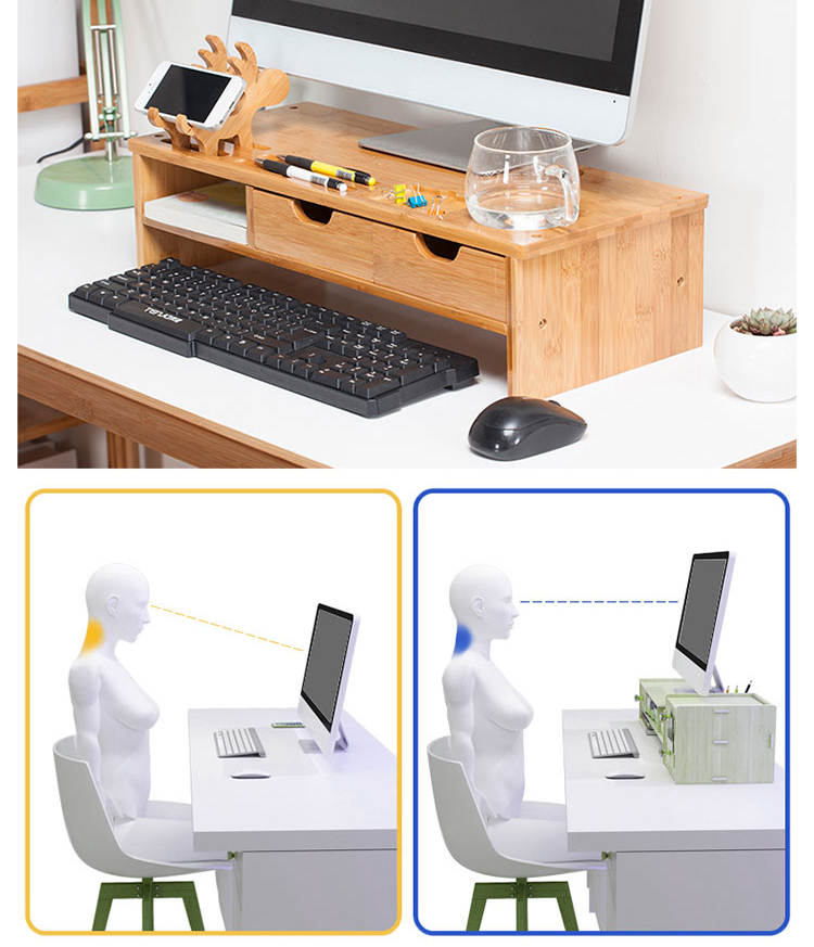 Monitor Stand Riser Desk Organizer-Bamboo 2 Tier Laptop Stand with Drawers, Adjustable Desktop Storage Organizer for Computer, Printer, Cellphone