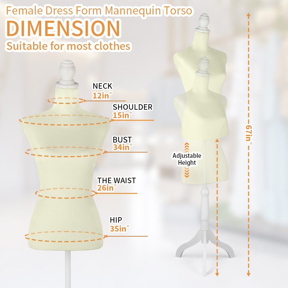 Female Dress Form Mannequin Torso White Mannequin Body with Beige Torso Cover and Adjustable Tripod Stand for Clothing Dress Jewelry Display