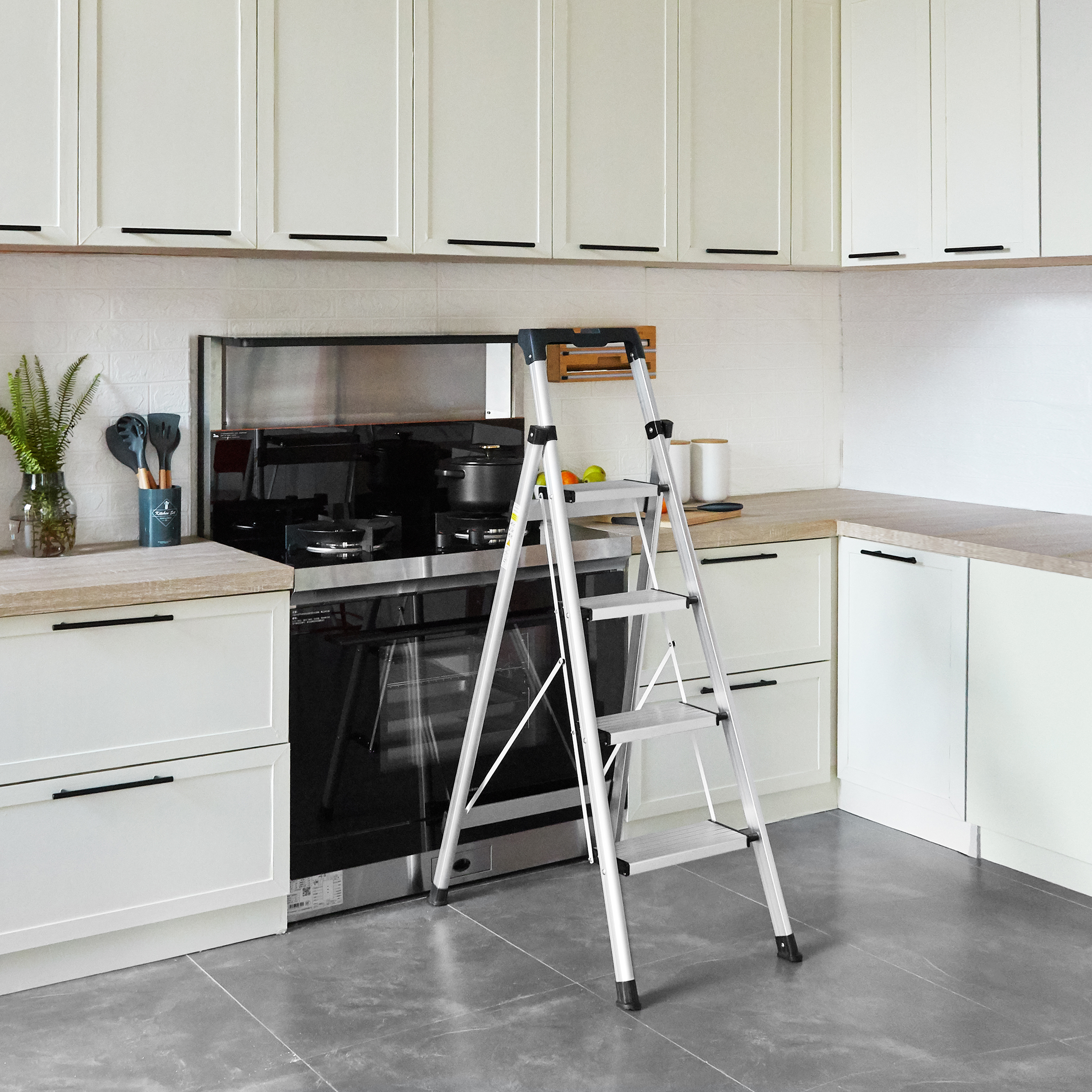 4 Step Ladder, Folding Step Stool with Anti-Slip Pedal and Tool Tray, Lightweight Aluminum Home Ladder for Home Kitchen Office