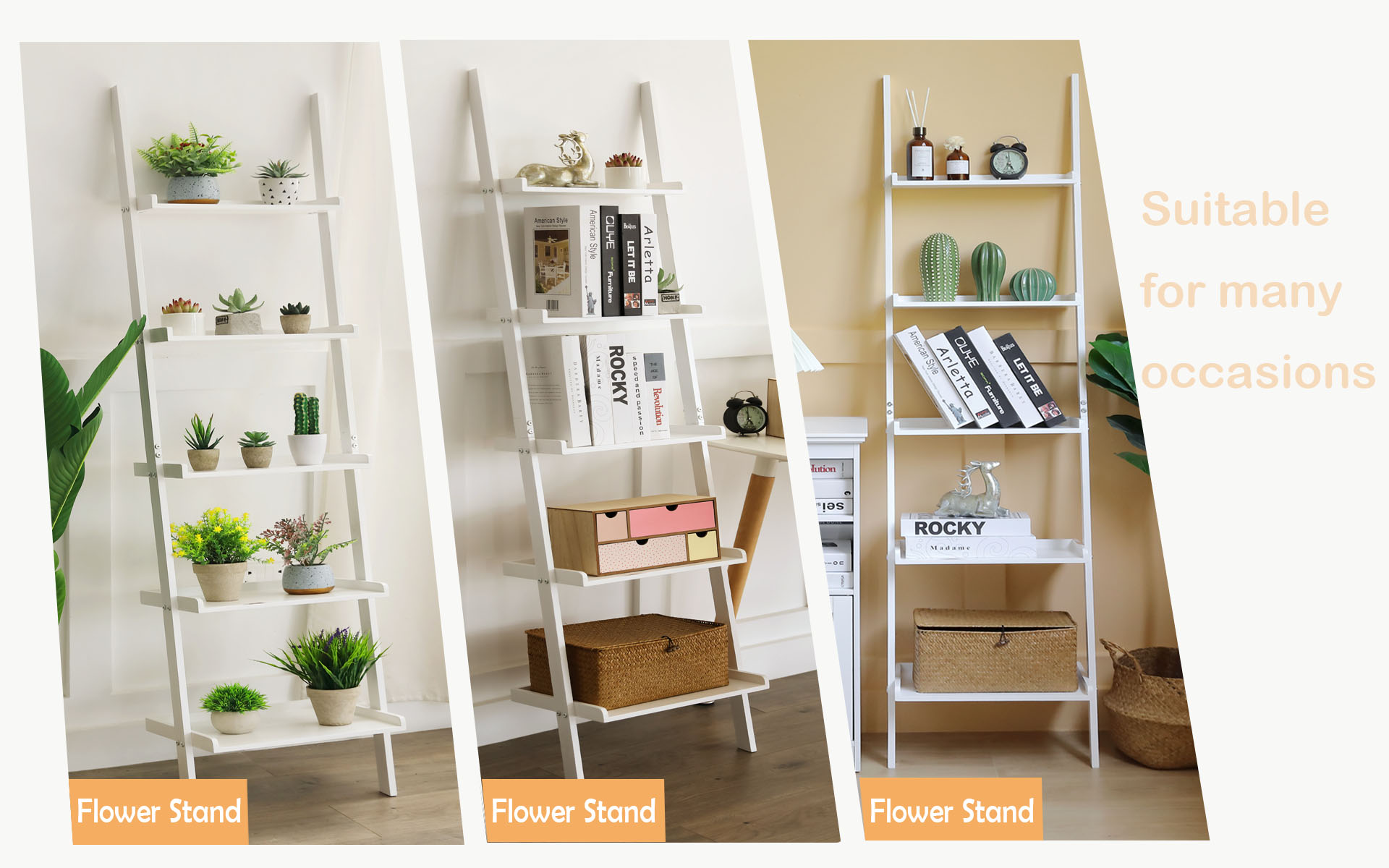 HYNAWIN Ladder Shelf Bookcase,5-Tier Bamboo Storage Rack Shelves Wall Leaning Shelf Unit,FreeStanding Plant Stand, Corner Display Shelves for Living Room, Bathroom, Kitchen, Office(65in)