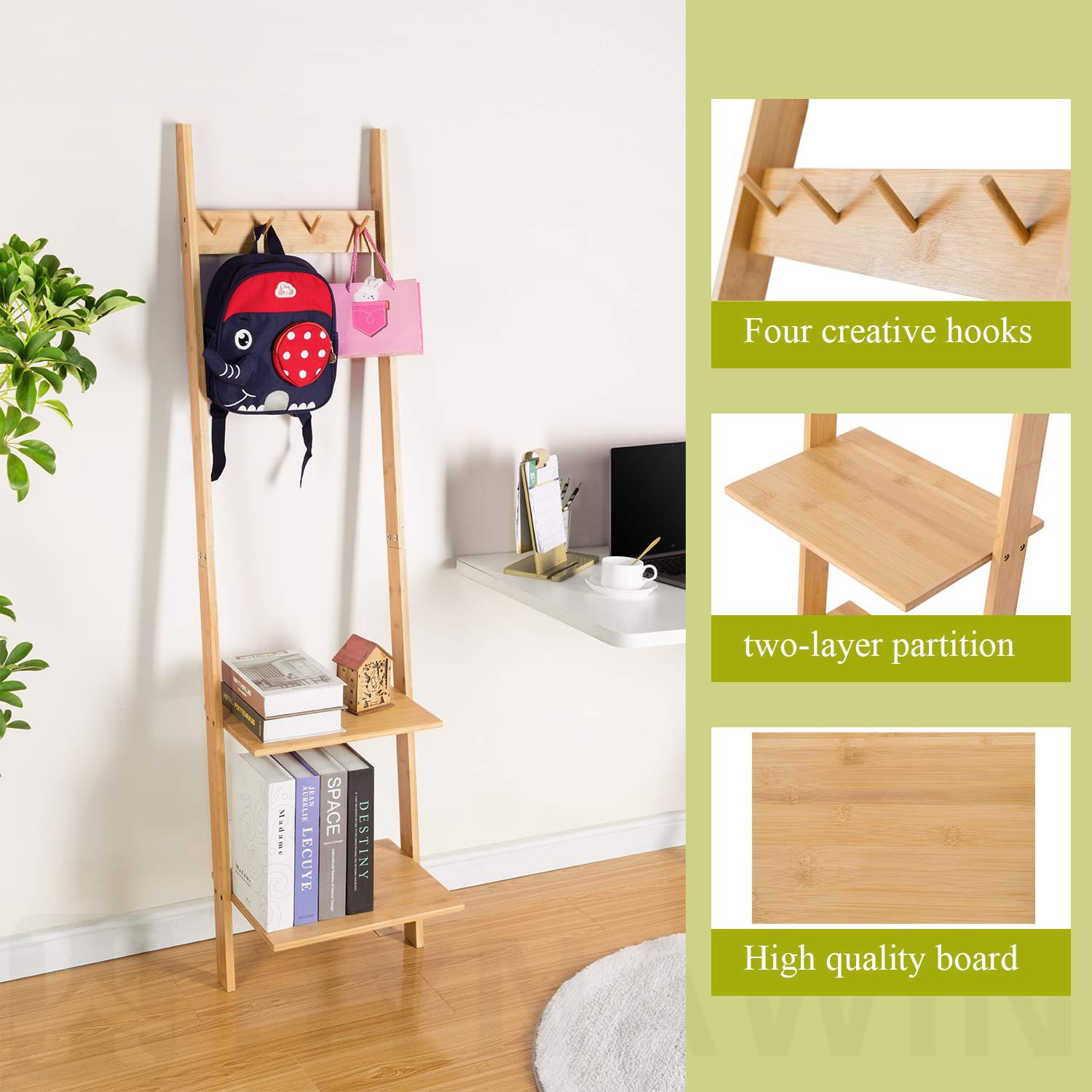 HYNAWIN Ladder Shelf Bookcase,5-Tier Bamboo Storage Rack Shelves Wall Leaning Shelf Unit,FreeStanding Plant Stand, Corner Display Shelves for Living Room, Bathroom, Kitchen, Office(65in)