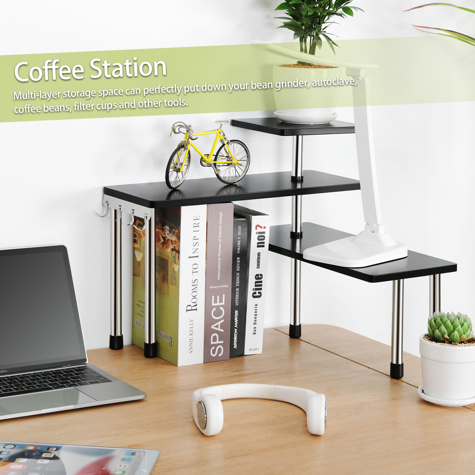 HYNAWIN 3 Tier Corner Shelf Bamboo & Metal Storage Spice Rack-Desk Bookshelf Display Shelves Space Saving Organizer -Adjustable Rack for Kitchen,Bedroom, Office-Creative Home Décor with Hooks