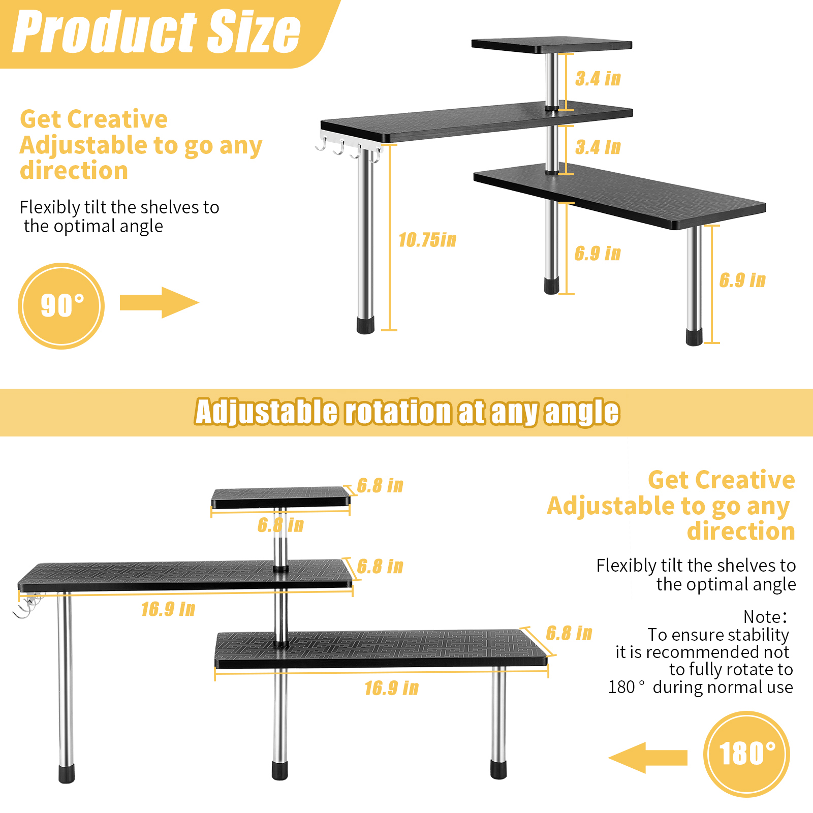 HYNAWIN 3-Tier Countertop Organizer Corner Shelves, Movable Corner Shelf, Corner Shelf Organizer with Hooks, for Kitchen, Bathroom Counter, Dresser Table, Office, Geometric