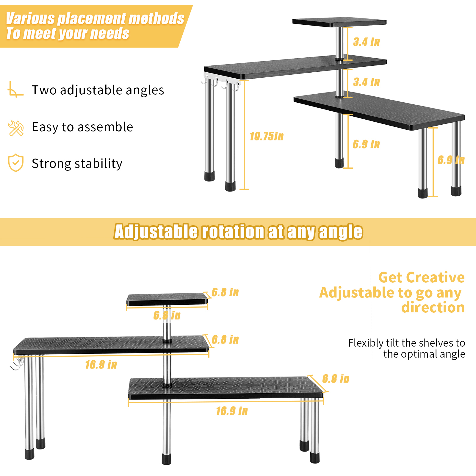 HYNAWIN 3 Tier Corner Shelf Bamboo & Metal Storage Spice Rack-Desk Bookshelf Display Shelves Space Saving Organizer -Adjustable Rack for Kitchen,Bed Room, Office-Best Home Décor (Upgraded Shelf)