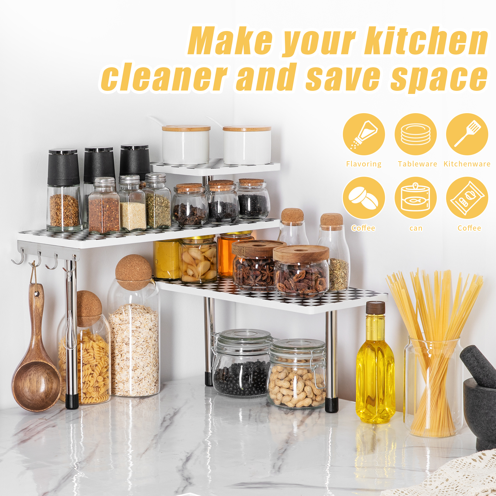 HYNAWIN 3 Tier Corner Shelf Bamboo & Metal Storage Spice Rack-Desk Bookshelf Display Shelves Space Saving Organizer 