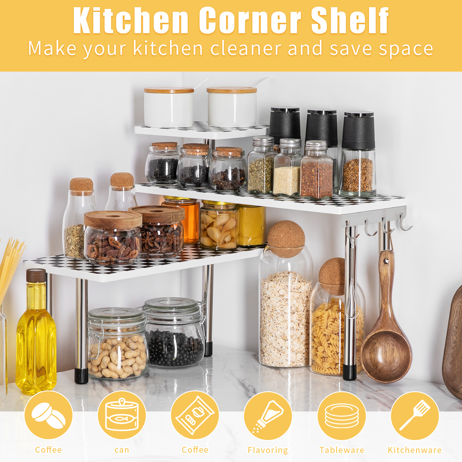 HYNAWIN 3 Tier Corner Shelf Bamboo & Metal Storage Spice Rack-Desk Bookshelf Display Shelves Space Saving Organizer