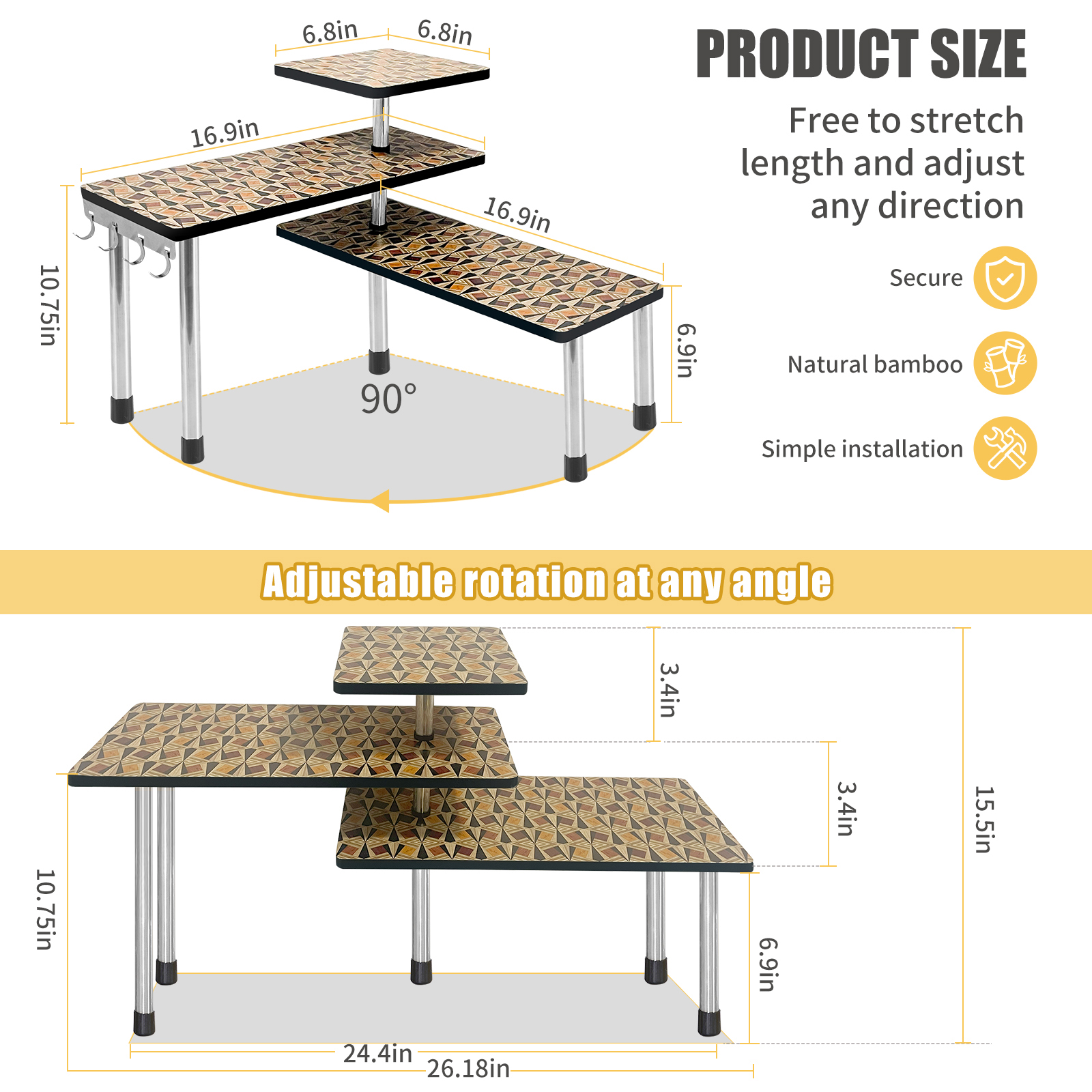 HYNAWIN 3 Tier Corner Shelf Bamboo & Metal Storage Spice Rack-Desk Bookshelf Display Shelves Space Saving Organizer