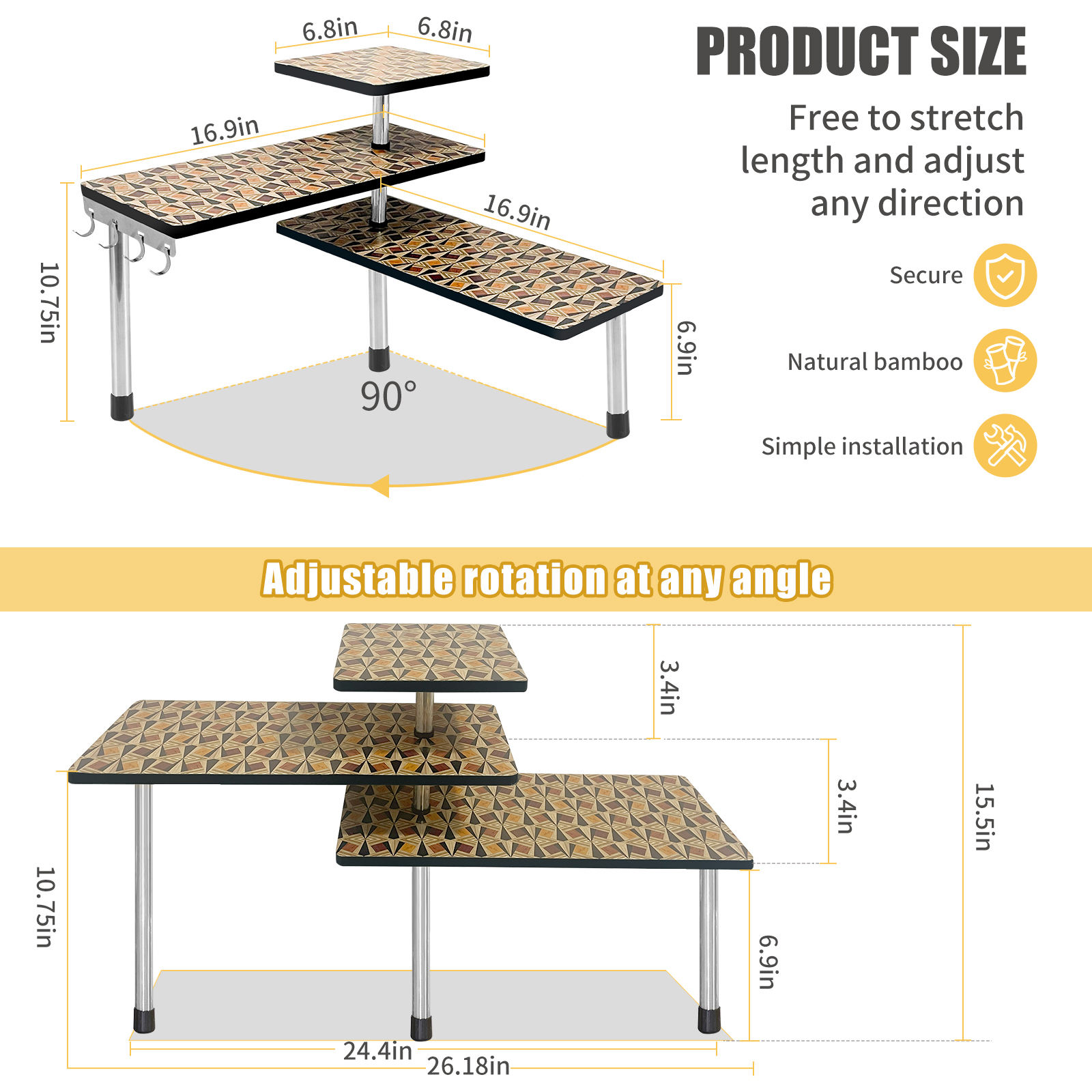 HYNAWIN 3 Tier Corner Shelf Bamboo & Metal Storage Spice Rack-Desk Bookshelf Display Shelves Space Saving Organizer 