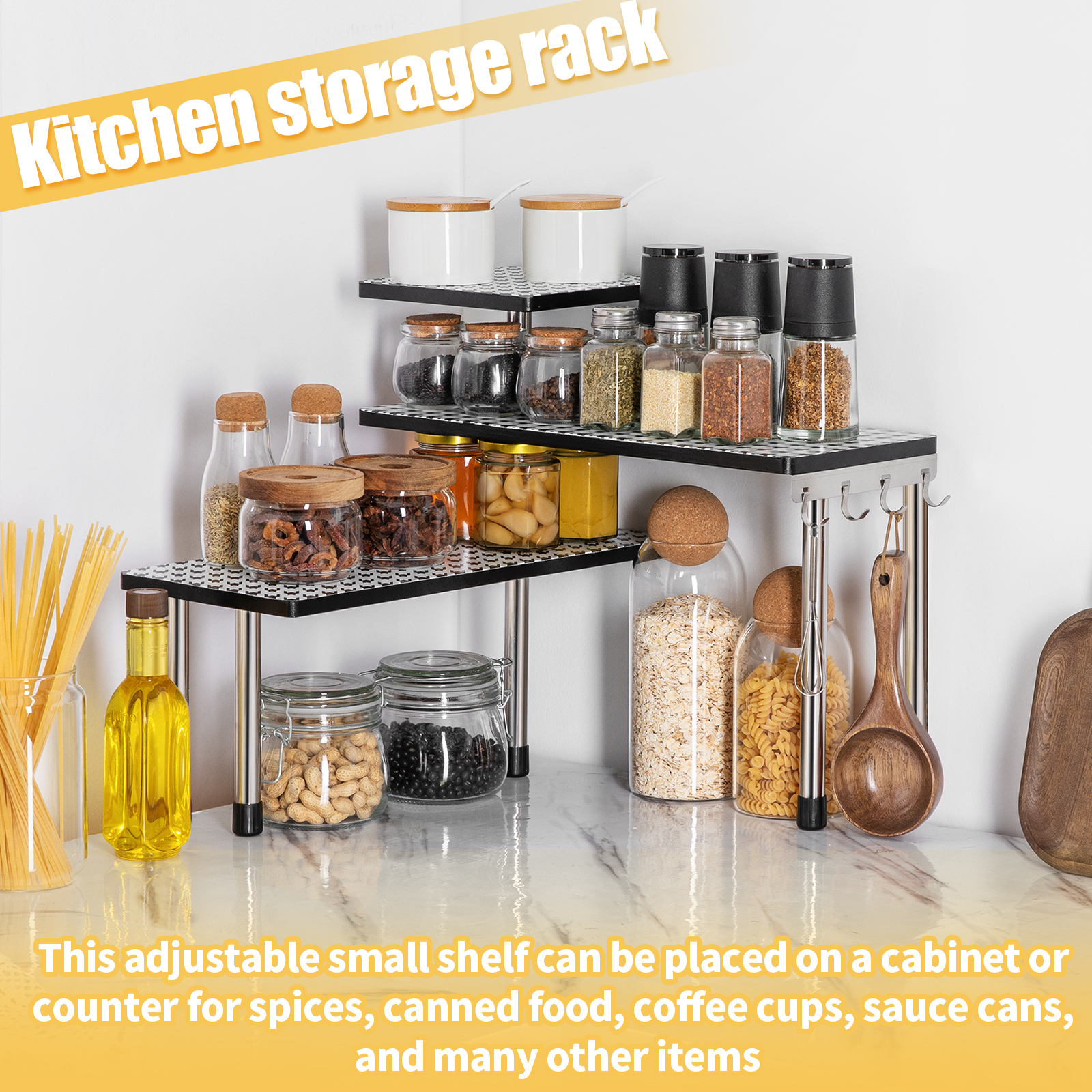 HYNAWIN 3 Tier Corner Shelf Bamboo & Metal Storage Spice Rack-Desk Bookshelf Display Shelves Space Saving Organizer