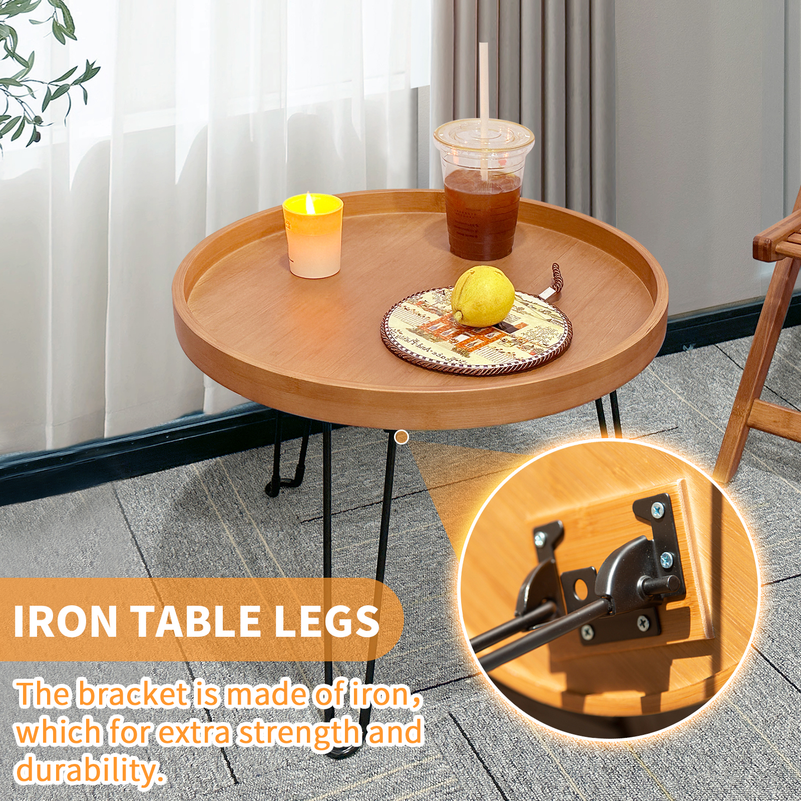 HYNAWIN Bamboo Folding Round Coffee Table, Japanese-Style Low Tea Table for Sitting on the Floor, Walnut Storage Desk for Living Room, 17.7"*17.7"Fordable Table with Metal Tripod