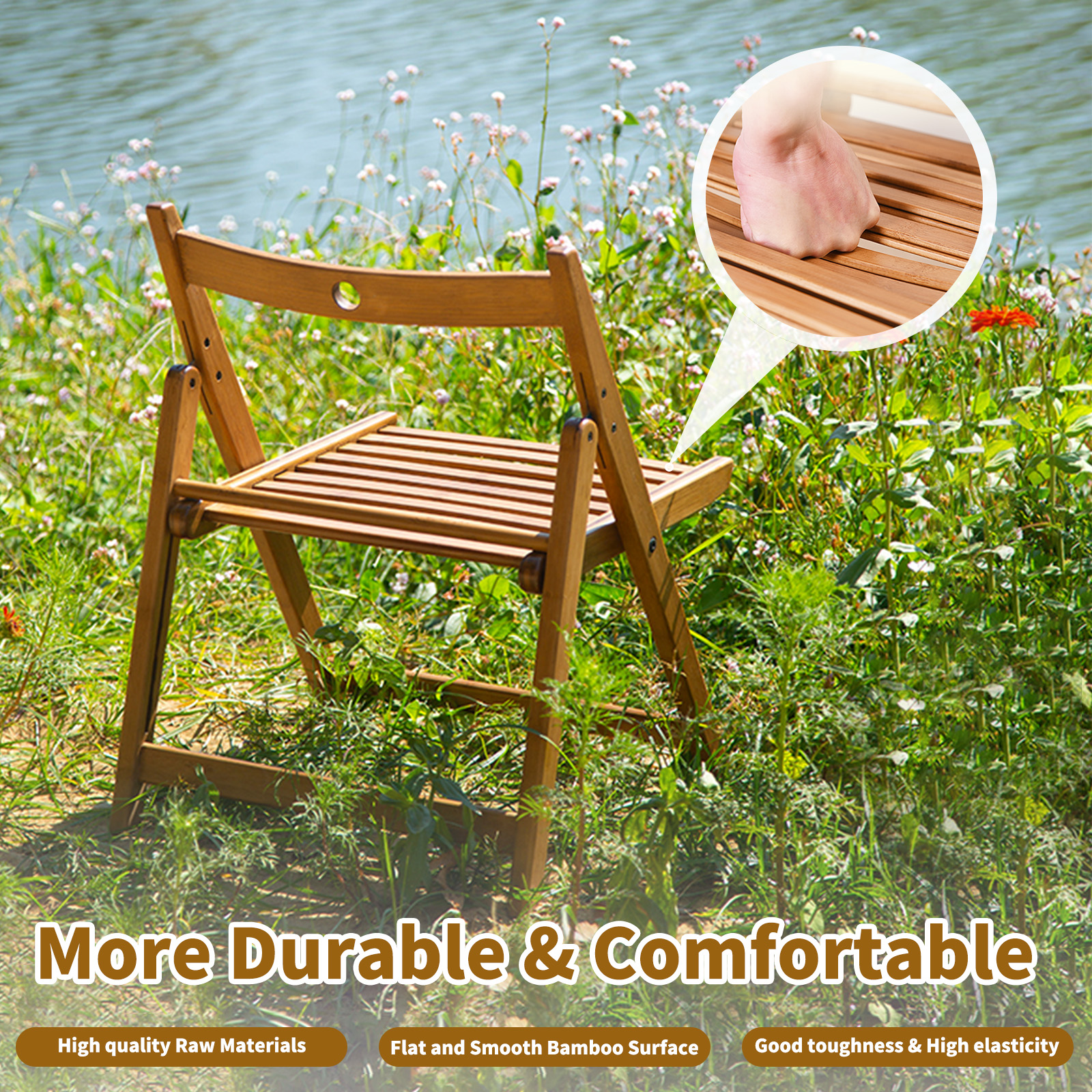 HYNAWIN Outdoor Folding Chair, Small Pastoral Retro Camping Chair, Bamboo Lounge Patio Chair for Garden, Lawn, Deck, Beach, Backyard and Campfire