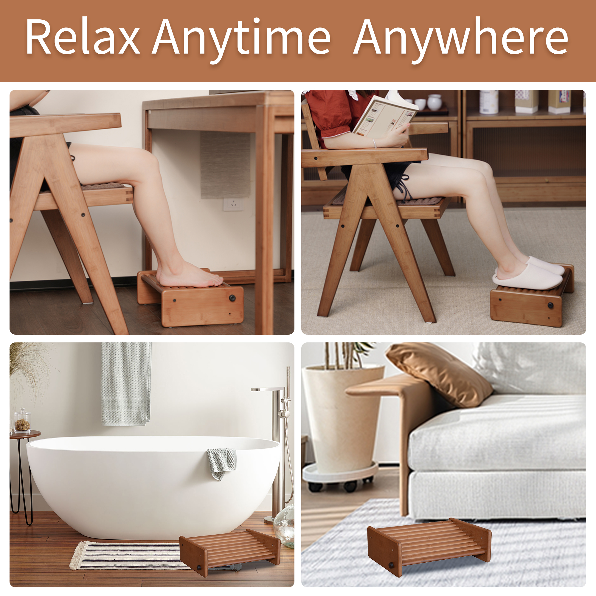 HYNAWIN Adjustable Foot Stool, Ergonomic Foot Rest for Under Desk at Work, Massage Under Desk Footrest for Home, Bamboo Portable Step Stool Under Desk with Anti-Slip Surface and 2 Height Position