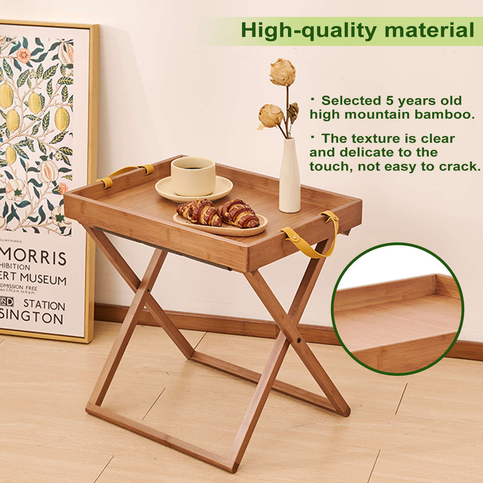 Portable Side Table,Folding Bamboo Breakfast and Snack Tray Table with Handle,Portable Camping Table