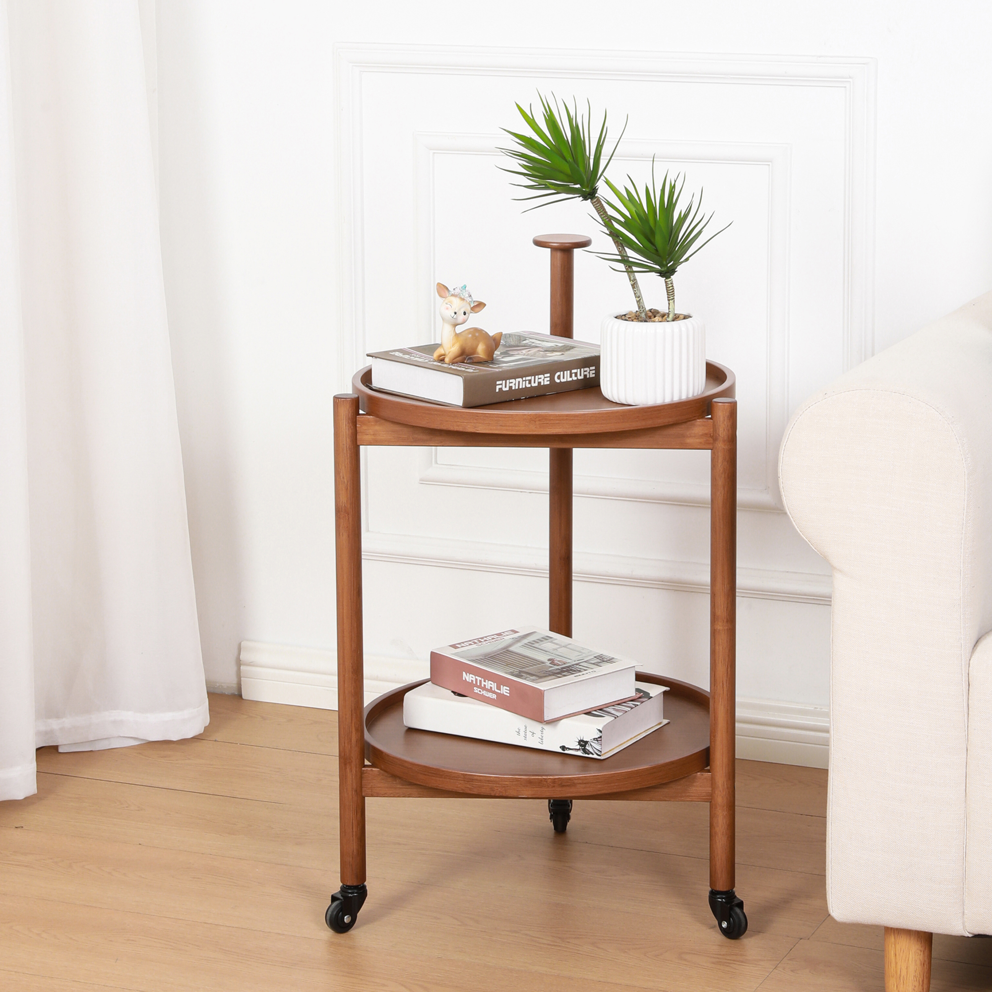 Rolling End Table Bar Cart with 2 Tier, Storage Coffee Table, with Shelf,Handle and Wheel, Modern Style for Living Room, Kitchen, and Office