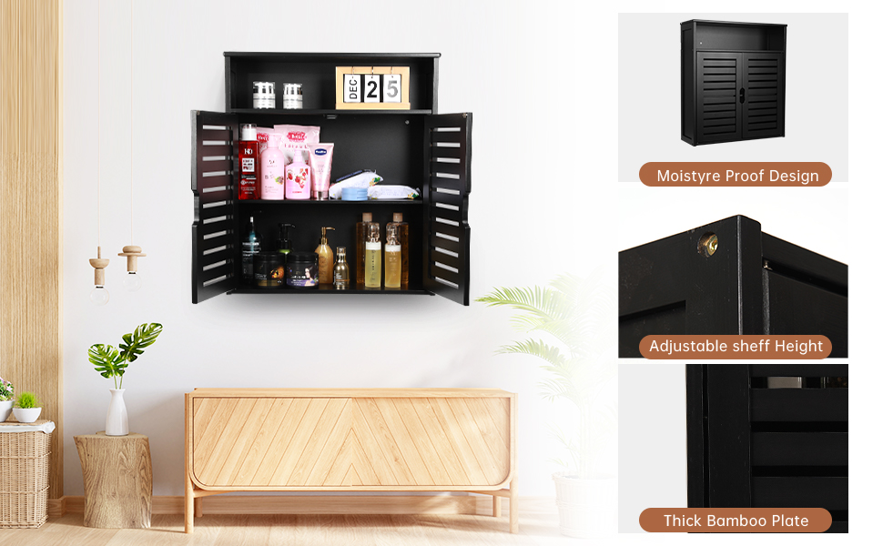 HYNAWIN Bamboo Wall Cabinet with Adjustable Shelf, Medicine Cabinet for Bathroom Living Room, Over-The-Toilet Floating Cabinet