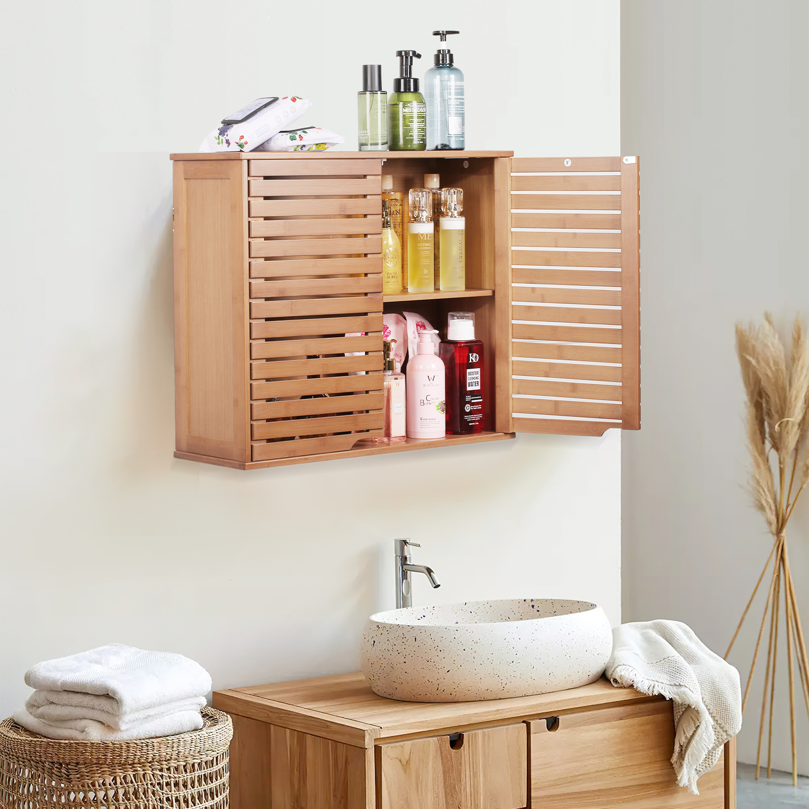 HYNAWIN Bamboo 2 Tier Bathroom Wall Cabinet with Adjustable Shelf, Double Door Cabinet for Bathroom, Living Room (20.28'' Height)