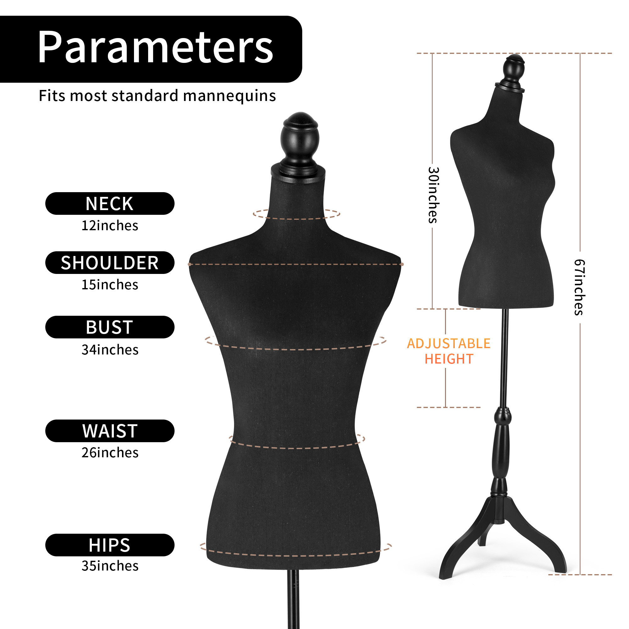 Female Dress Form Mannequin Torso Adjustable Height Mannequin Body with Tripod Stand for Clothing Dress Jewelry Display, Black