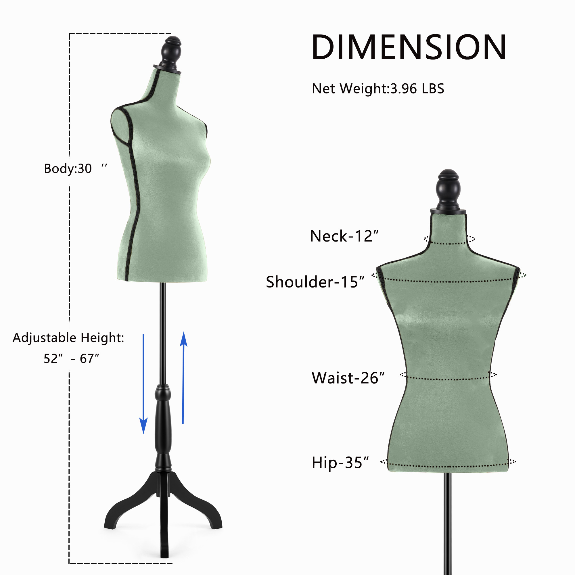Female Dress Form Mannequin Torso Adjustable Height Mannequin Body with Tripod Stand for Clothing Dress Jewelry Display, Black