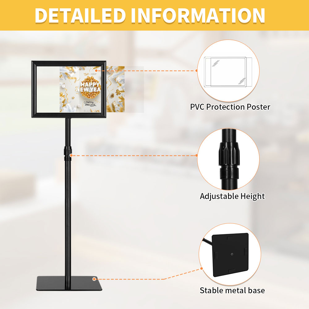 Adjustable Floor Sign Stand Heavy Duty Pedestal Sign Holder Stand, Poster Stand with Aluminum Snap Open Frame for 11x17 Inches , Both Vertical and Horizontal View Sign Displayed, Black
