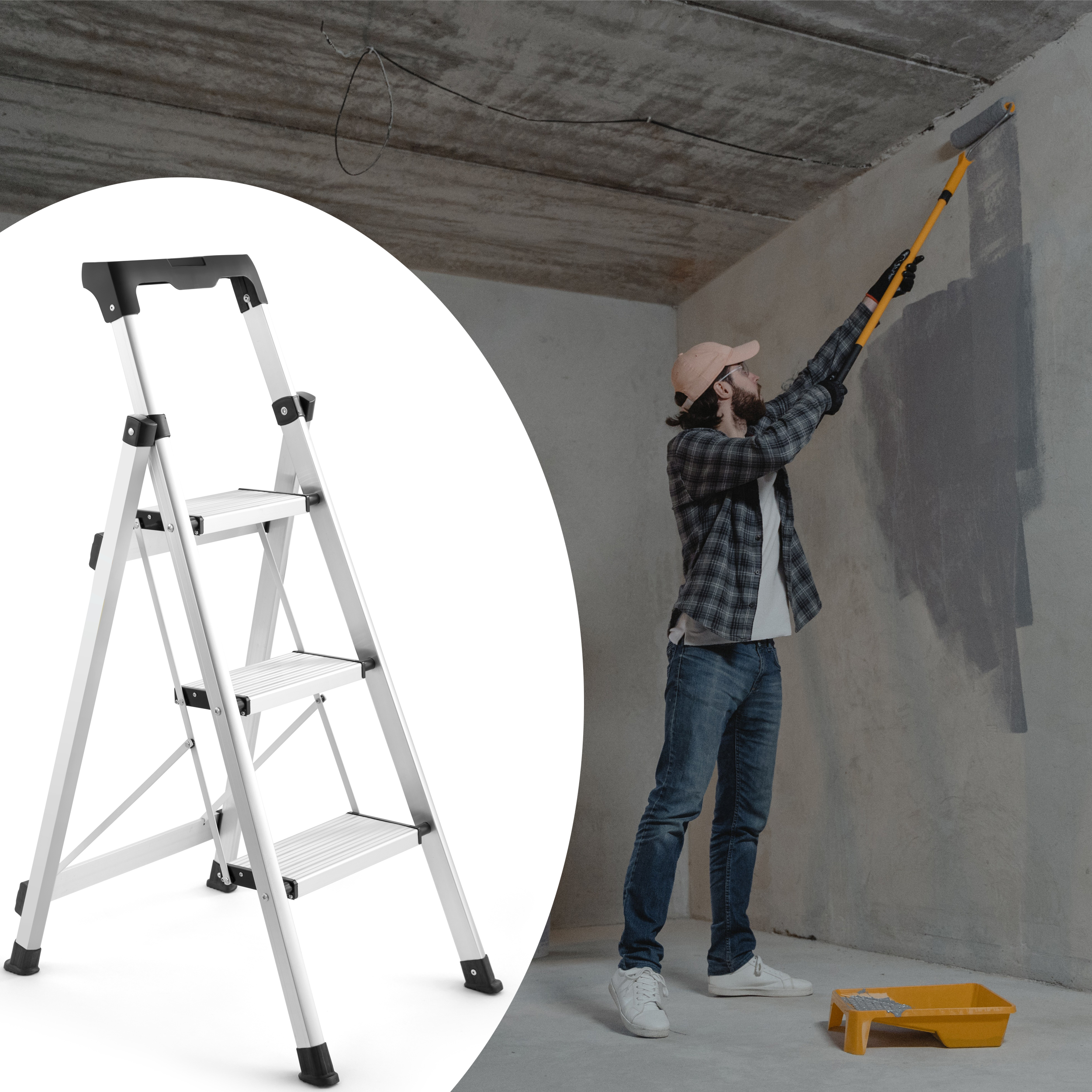 3 Step Ladder, Folding Step Stool with Anti-Slip Pedal and Tool Tray, Lightweight Aluminum Home Ladder for Home Kitchen Office