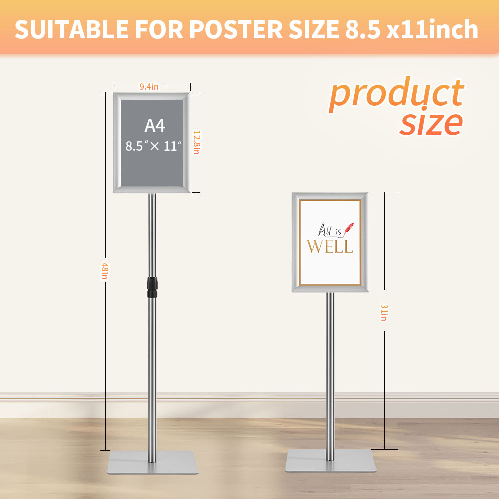 HYNAWIN Adjustable Floor Sign Stand Heavy Duty Pedestal Sign Holder Stand, Poster Stand with Aluminum Snap Open Frame for 8.5x11 Inches, Both Vertical and Horizontal View Sign Displayed,Grey