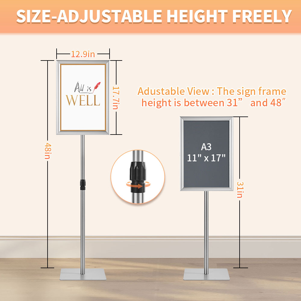 Adjustable Floor Sign Stand Heavy Duty Pedestal Sign Holder Stand, Poster Stand with Aluminum Snap Open Frame for 11x17 Inches , Both Vertical and Horizontal View Sign Displayed, Grey