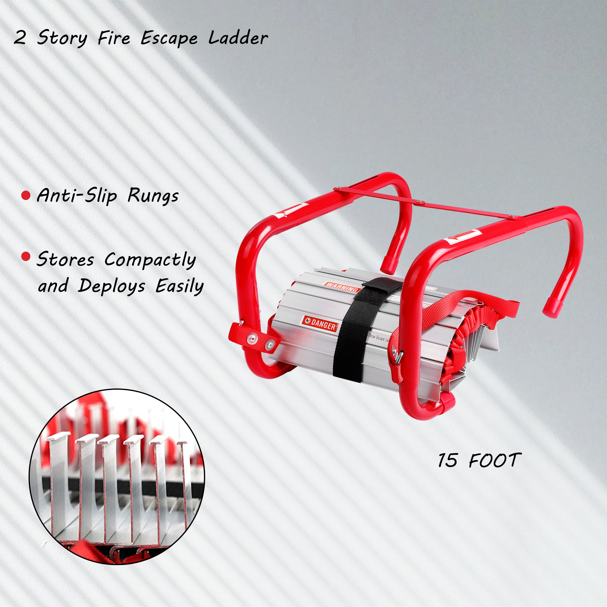 Emergency Escape Ladder Fire Ladder 2 Story Portable Safety Ladder with Anti-Slip Rungs, 15 Ft