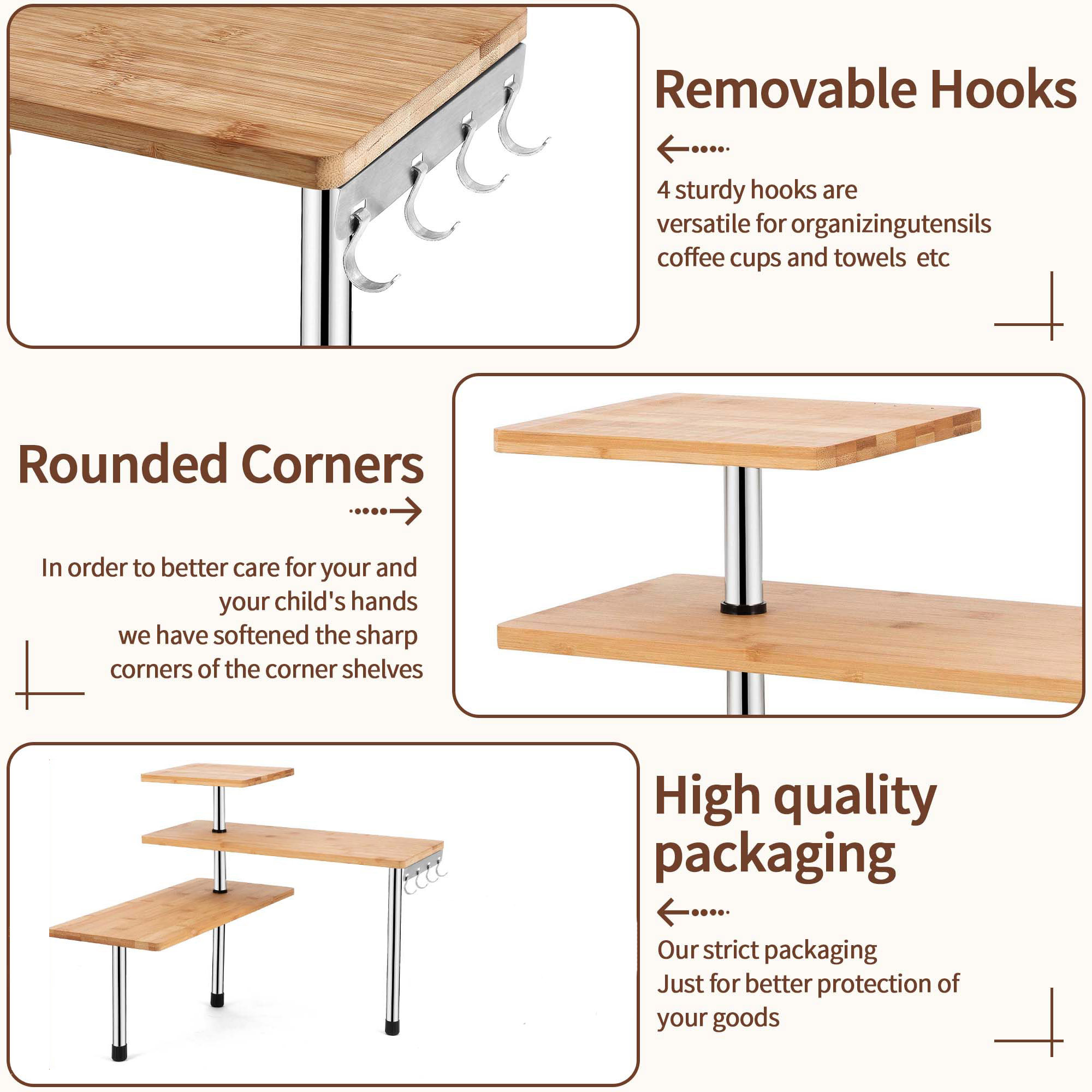 HYNAWIN 3 Tier Corner Shelf Bamboo & Metal Storage Spice Rack-Desk Bookshelf Display Shelves Space Saving Organizer