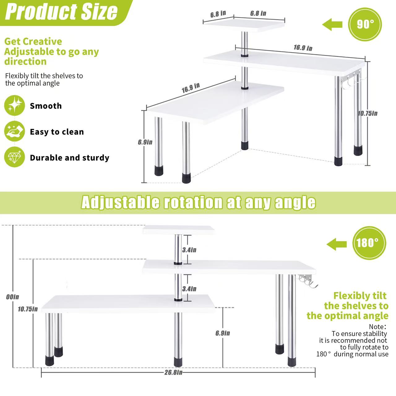 HYNAWIN 3 Tier Corner Shelf Bamboo & Metal Storage Spice Rack-Desk Bookshelf Display Shelves Space Saving Organizer -Adjustable Rack for Kitchen,Bedroom, Office-Creative Home Décor with Hooks