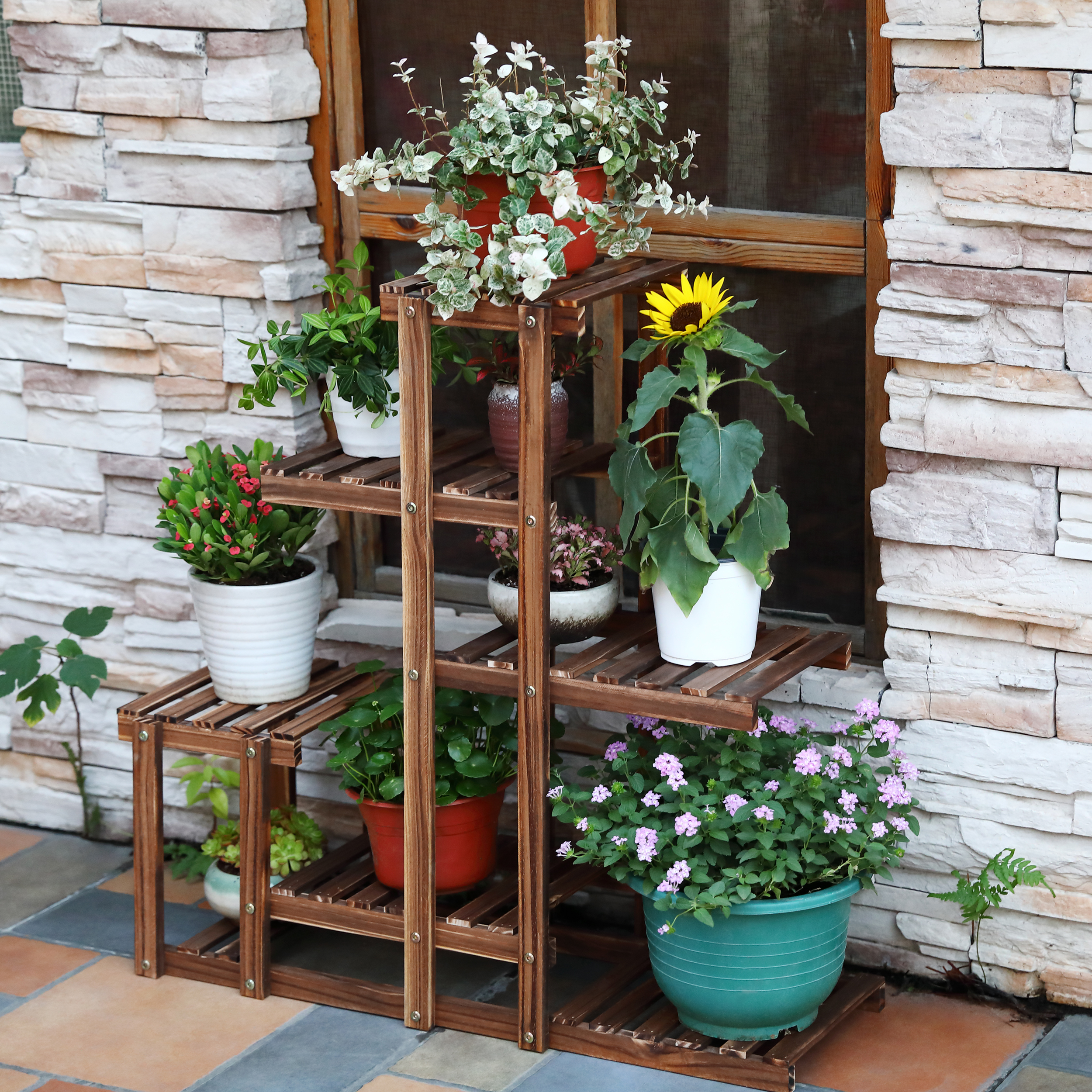 Wood Plant Stands, Indoor Outdoor Plant Rack, Multi Tiers Plant Shelf Holder, Display Storage Shelves for Patio Garden Balcony Yard