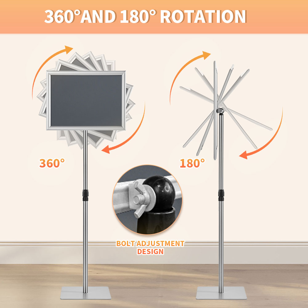 Adjustable Floor Sign Stand Heavy Duty Pedestal Sign Holder Stand, Poster Stand with Aluminum Snap Open Frame for 11x17 Inches , Both Vertical and Horizontal View Sign Displayed, Grey