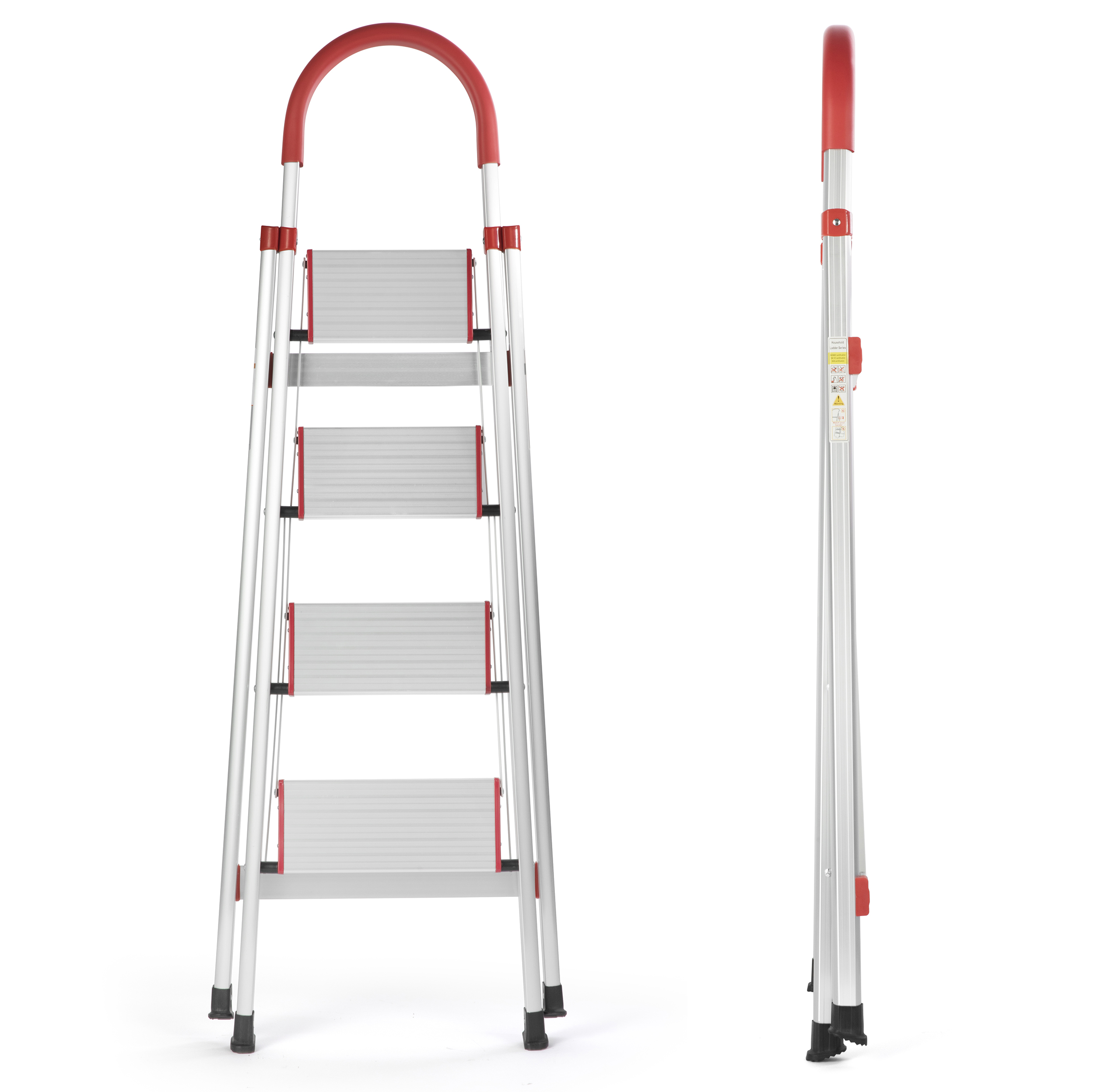 4 Step Ladder, Folding Step Stool with Anti-Slip Pedal and Tool Tray, Lightweight Aluminum Home Ladder for Home Kitchen Office