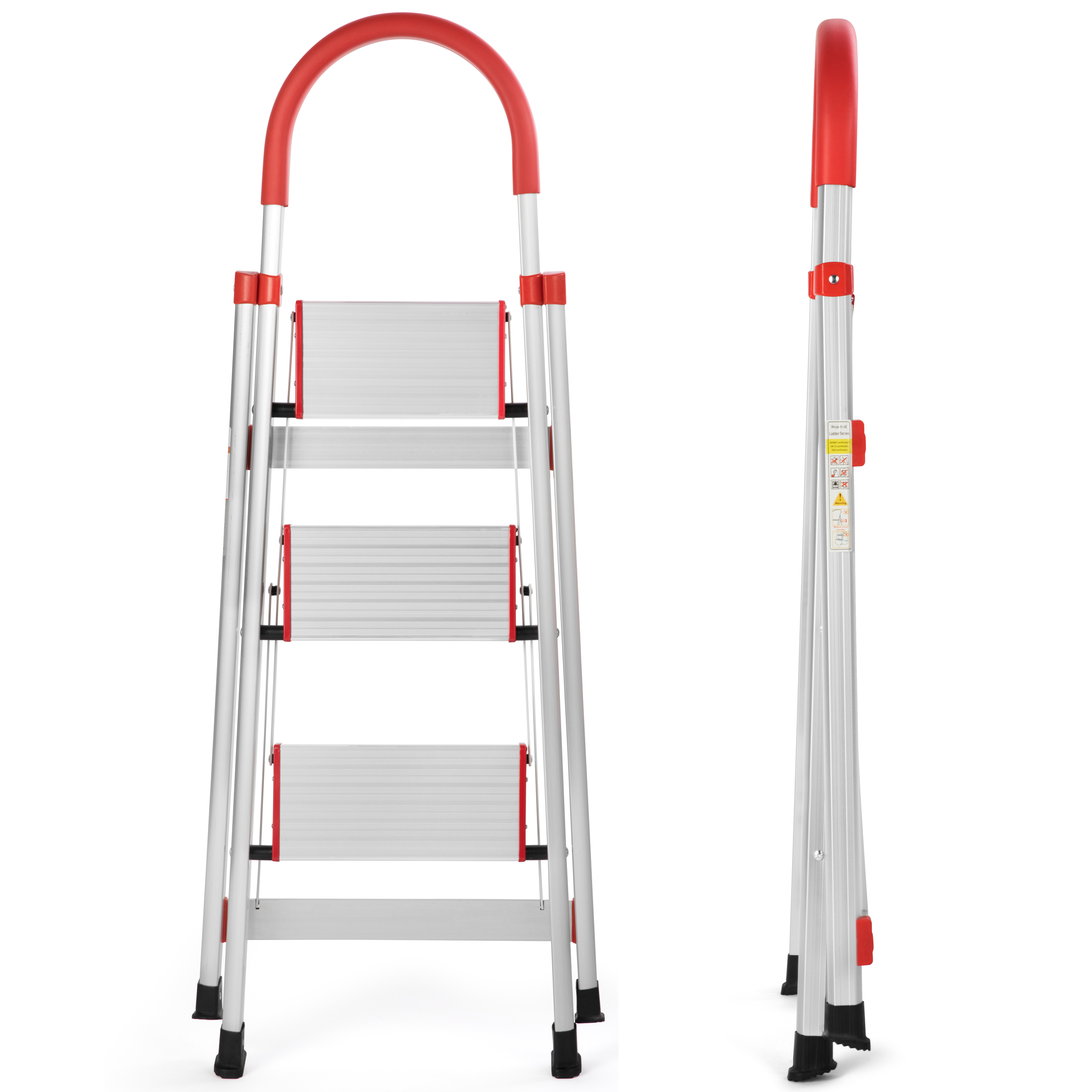 3 Step Ladder, Folding Step Stool with Anti-Slip Pedal and Tool Tray, Lightweight Aluminum Home Ladder for Home Kitchen Office