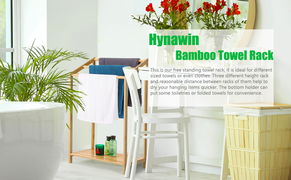 HYNAWIN Bamboo 3 Tier Towel Rack for Bathroom, Free Standing Beach Towel with Storage Shelf, Poolside Rack with Bottom Organizer for Bath, Hand Towel, Laundry