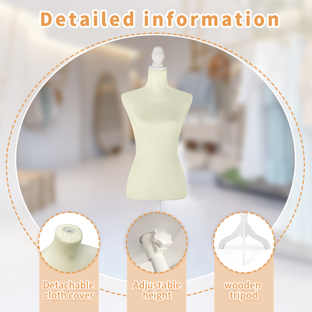 Female Dress Form Mannequin Torso White Mannequin Body with Beige Torso Cover and Adjustable Tripod Stand for Clothing Dress Jewelry Display