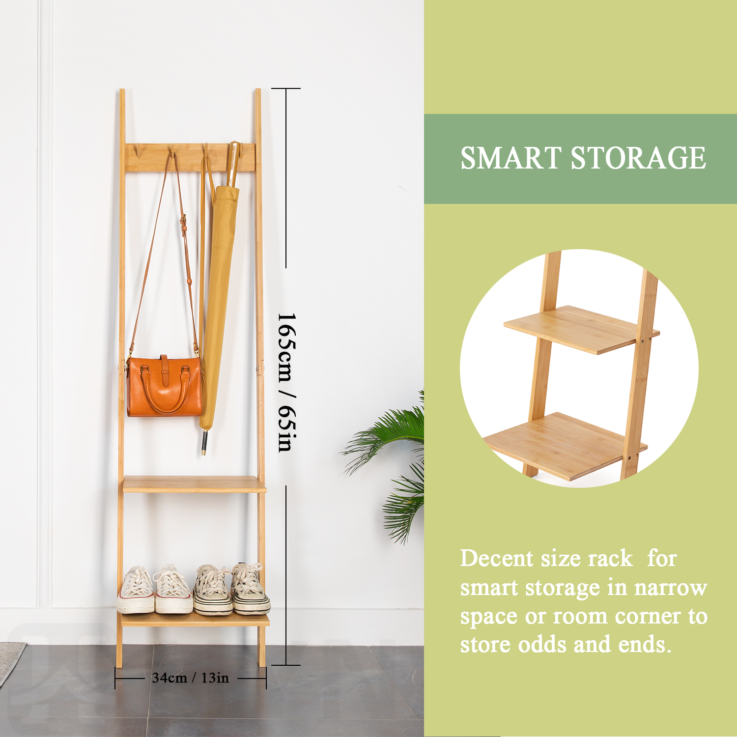 HYNAWIN Ladder Shelf Bookcase,5-Tier Bamboo Storage Rack Shelves Wall Leaning Shelf Unit,FreeStanding Plant Stand, Corner Display Shelves for Living Room, Bathroom, Kitchen, Office(65in)