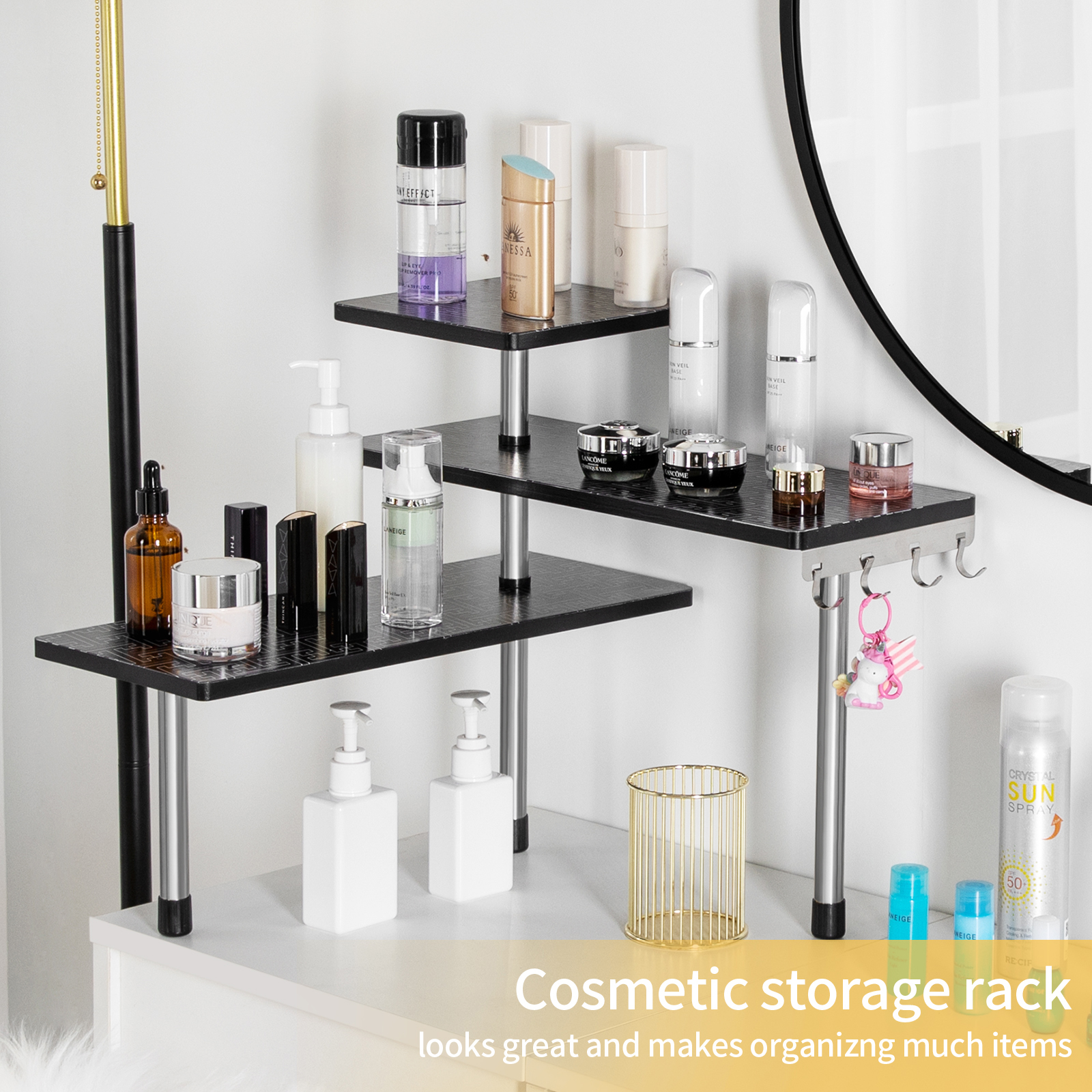 HYNAWIN 3-Tier Countertop Organizer Corner Shelves, Movable Corner Shelf, Corner Shelf Organizer with Hooks, for Kitchen, Bathroom Counter, Dresser Table, Office, Geometric