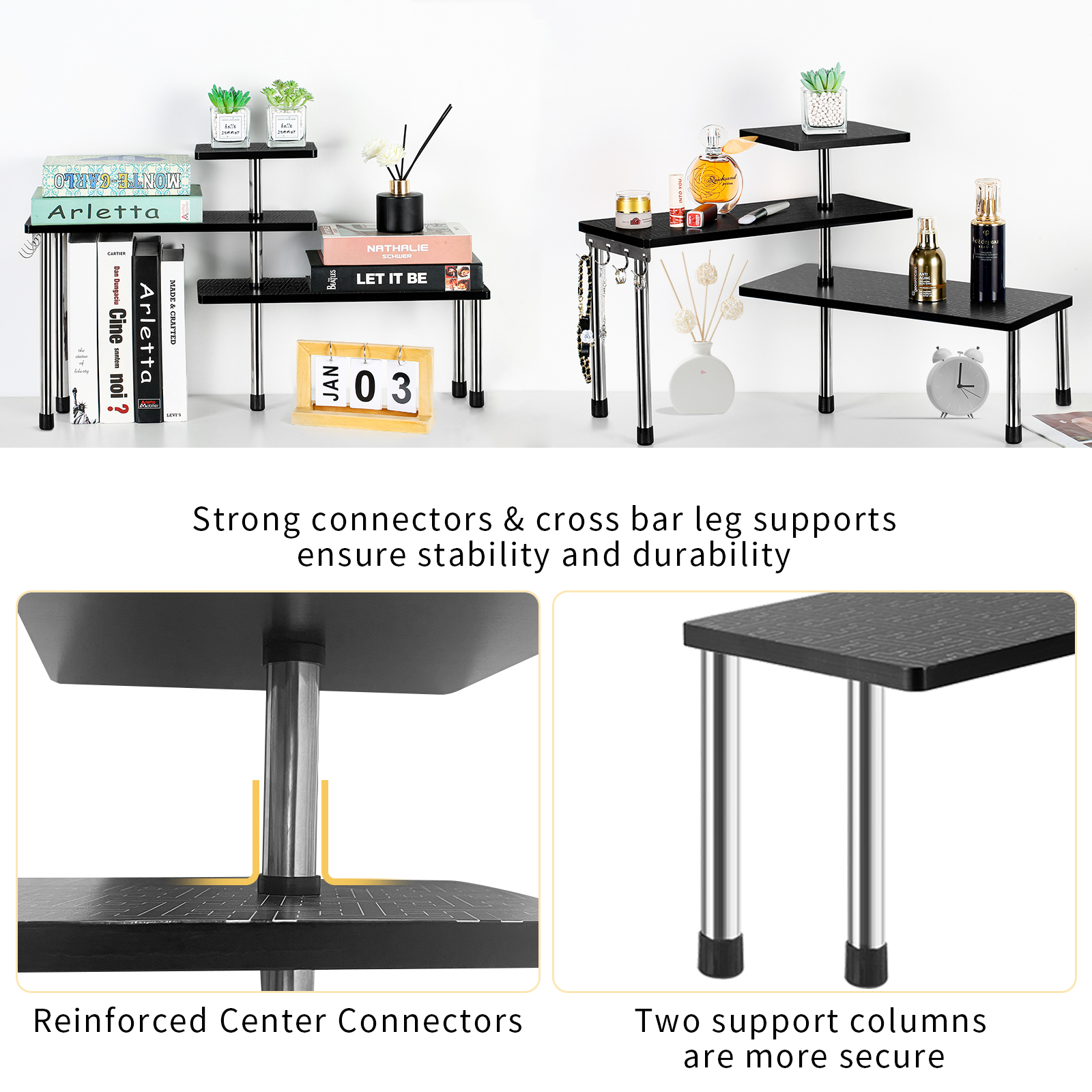 HYNAWIN 3 Tier Corner Shelf Bamboo & Metal Storage Spice Rack-Desk Bookshelf Display Shelves Space Saving Organizer -Adjustable Rack for Kitchen,Bed Room, Office-Best Home Décor (Upgraded Shelf)