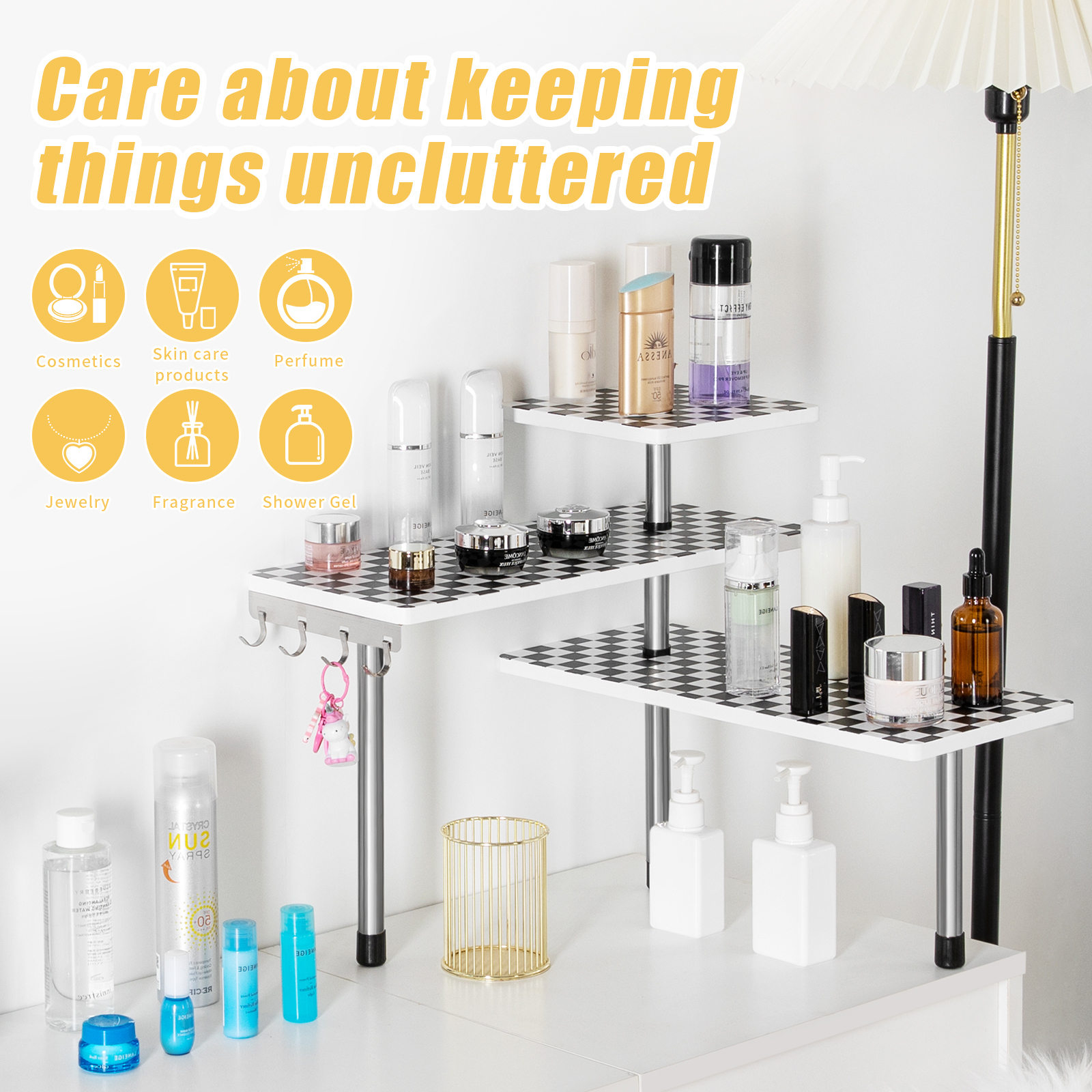 HYNAWIN 3 Tier Corner Shelf Bamboo & Metal Storage Spice Rack-Desk Bookshelf Display Shelves Space Saving Organizer 