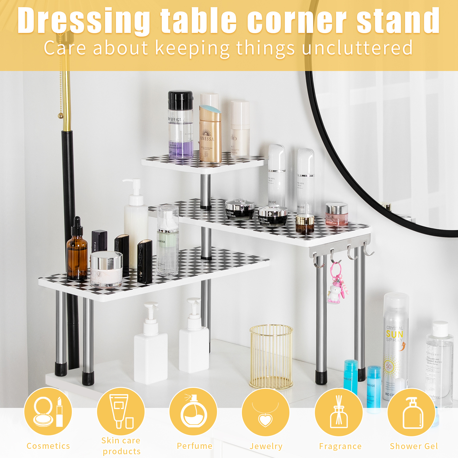 HYNAWIN 3 Tier Corner Shelf Bamboo & Metal Storage Spice Rack-Desk Bookshelf Display Shelves Space Saving Organizer