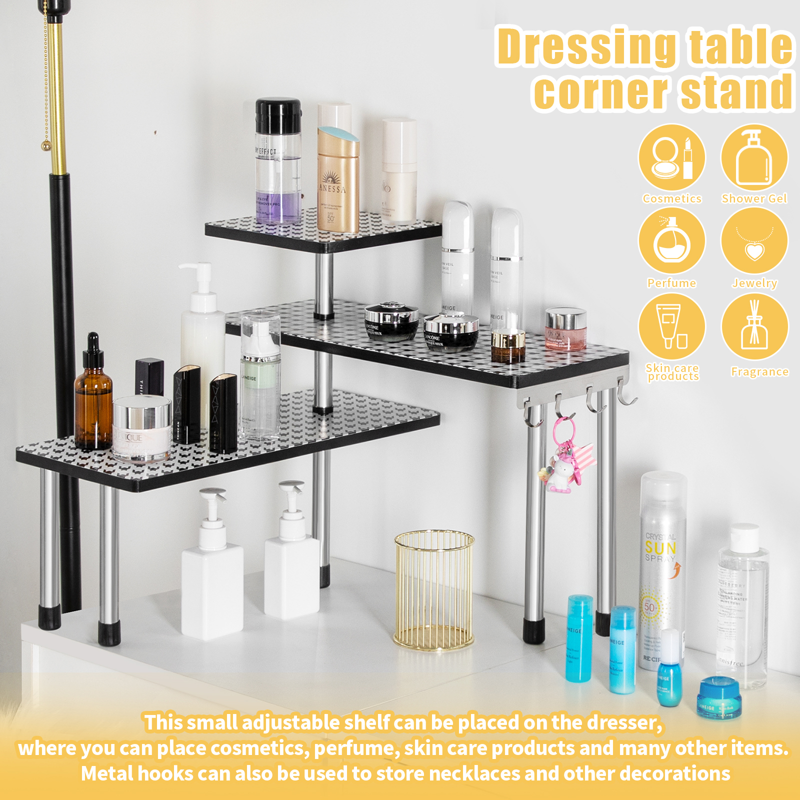 HYNAWIN 3 Tier Corner Shelf Bamboo & Metal Storage Spice Rack-Desk Bookshelf Display Shelves Space Saving Organizer