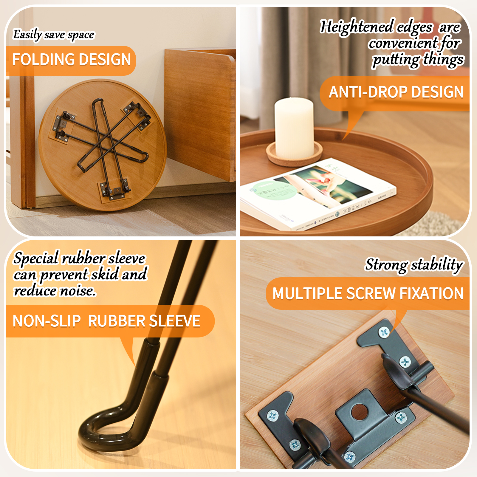 HYNAWIN Bamboo Folding Round Coffee Table, Japanese-Style Low Tea Table for Sitting on the Floor, Walnut Storage Desk for Living Room, 17.7"*17.7"Fordable Table with Metal Tripod