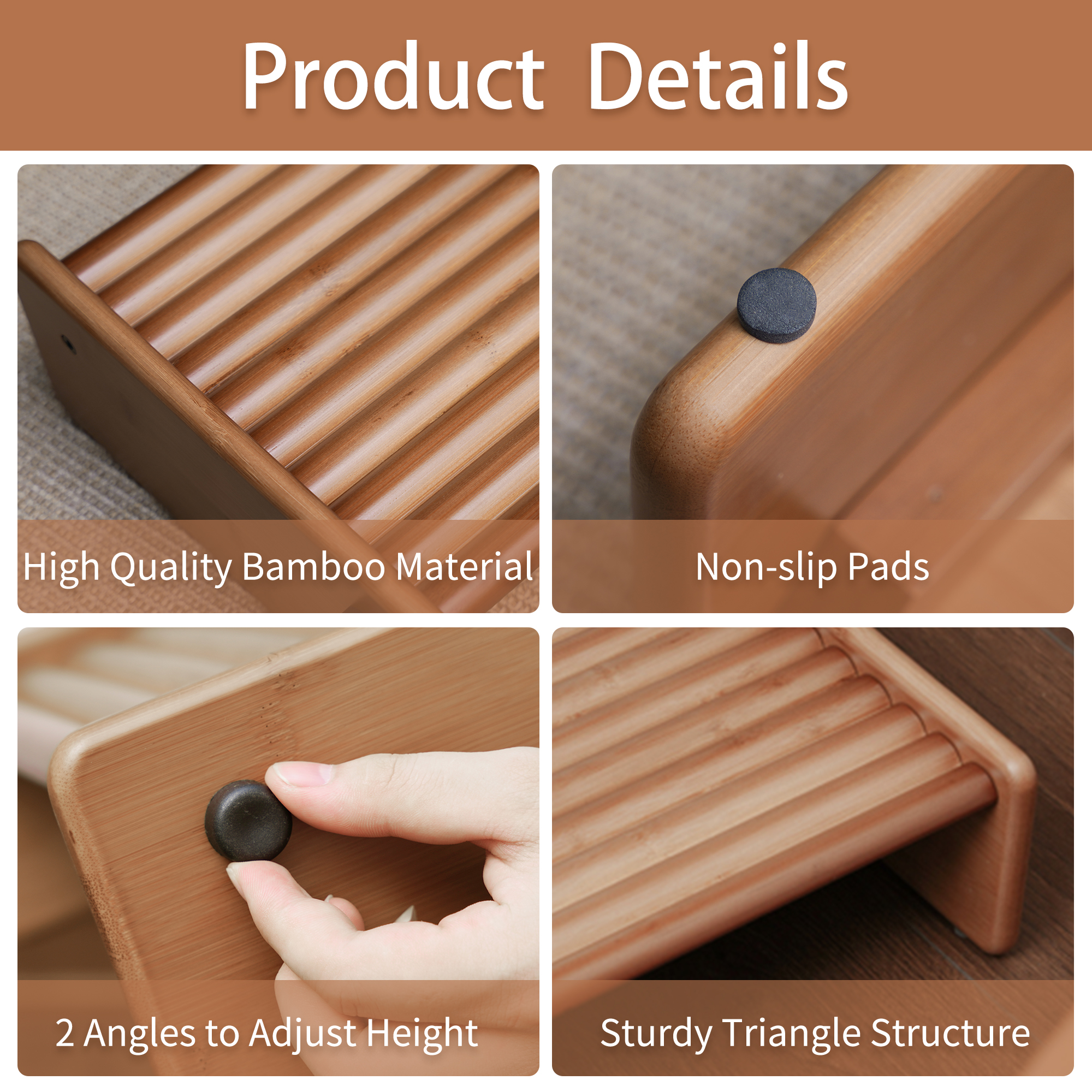 HYNAWIN Adjustable Foot Stool, Ergonomic Foot Rest for Under Desk at Work, Massage Under Desk Footrest for Home, Bamboo Portable Step Stool Under Desk with Anti-Slip Surface and 2 Height Position