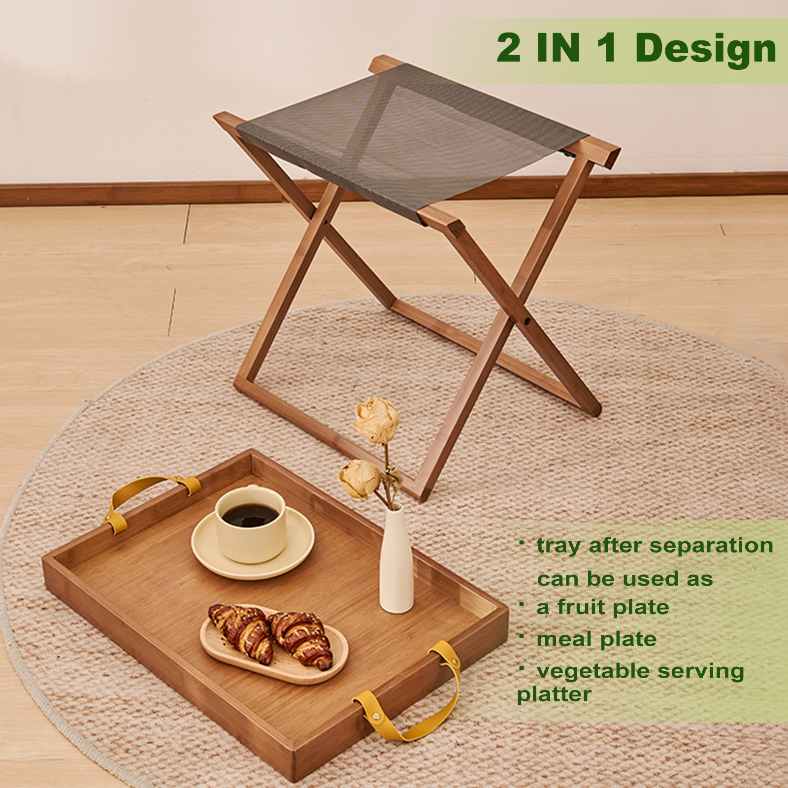Portable Side Table,Folding Bamboo Breakfast and Snack Tray Table with Handle,Portable Camping Table